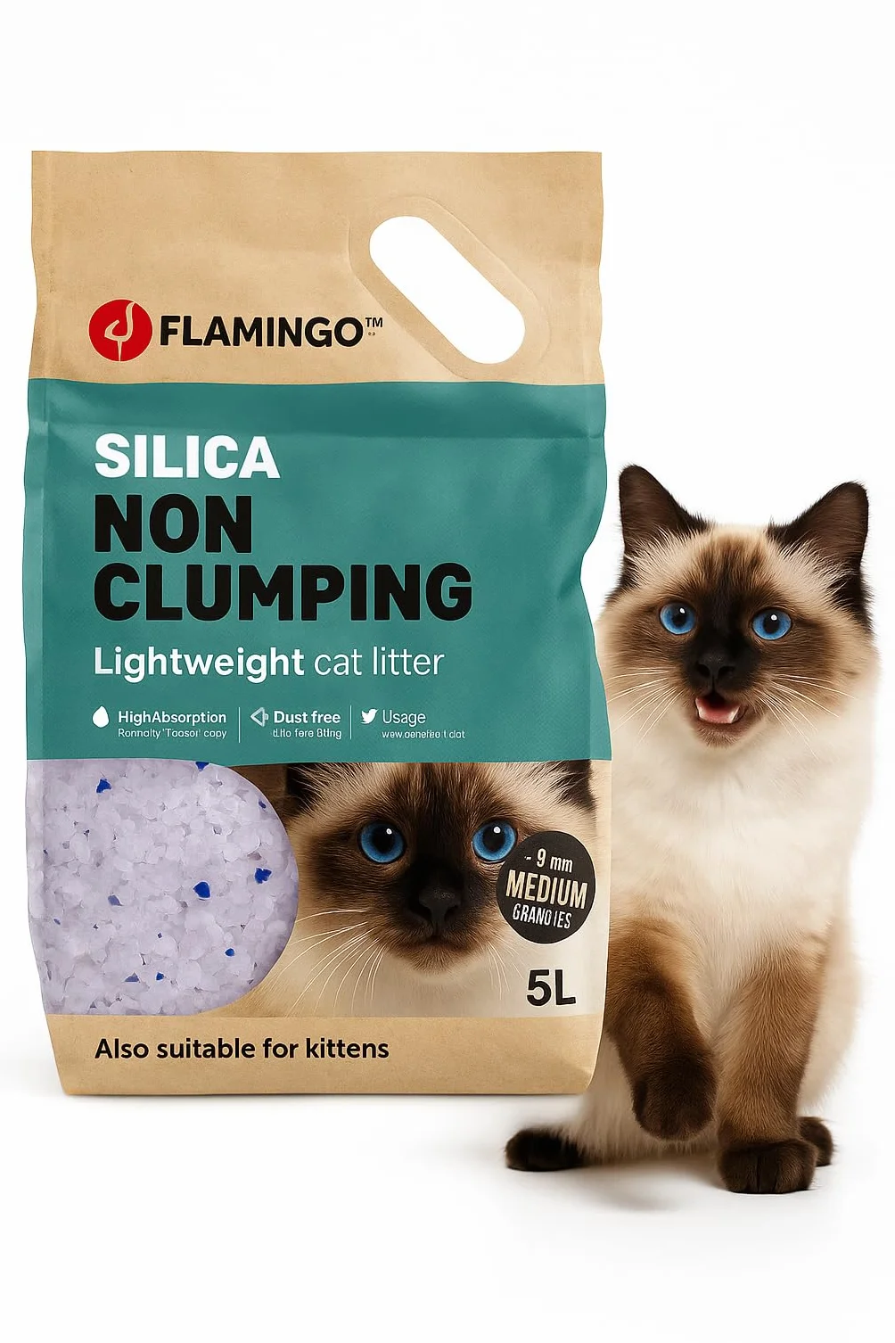Flamingo lettiera per gatti - lettiera silicio per gatti -Silicio Granulato Medio - 5L (Fino a 6 Settimane)- Ultra Assorbente - Super leggero, senza polvere e di durata extra lunga!