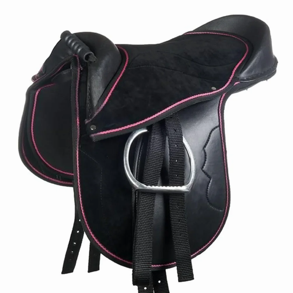 HKM 9384 Funny Horses - Sella Shetty con Archetto per Ginocchia, Colore: Nero/Rosa