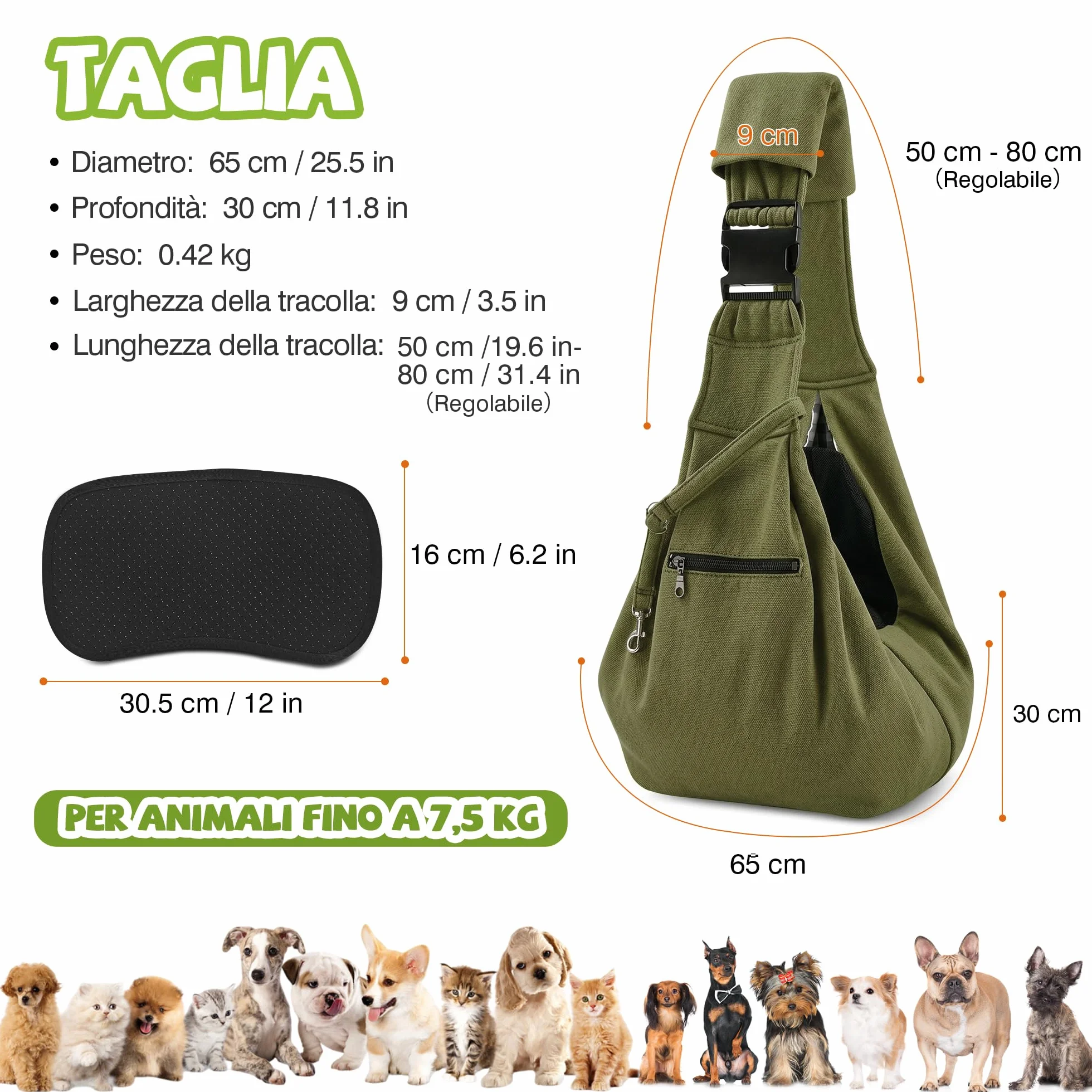 ALLSOPETS Borsa Trasporto Cane Gatto Tracolla Traspirante per Cani Piccola Taglia Gatti Gancio Sicurezza Verde Oliva