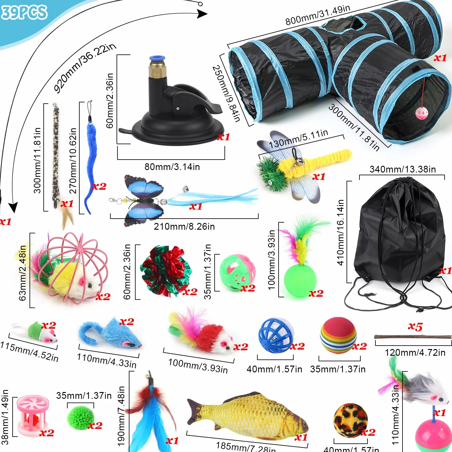 Set di 39 giocattoli interattivi per gatti e conigli, tunnel di gioco pieghevole a 3 vie, ventosa rotonda, accessori per attività
