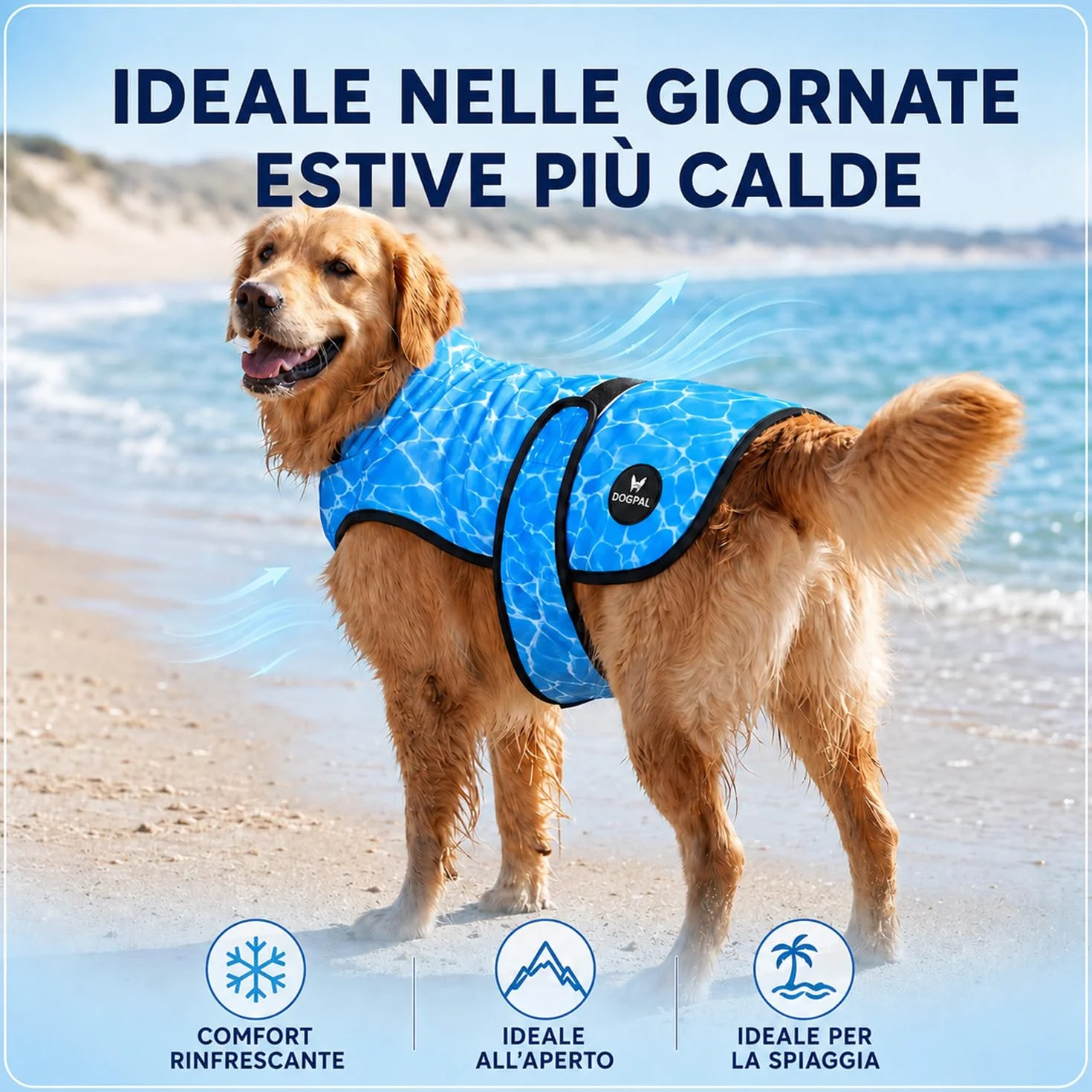 DOGOPAL Gilet Refrigerante per Cani, Giubbotto Rinfrescante Attivato dall'Acqua con Protezione UV, Taglia XL, Blu