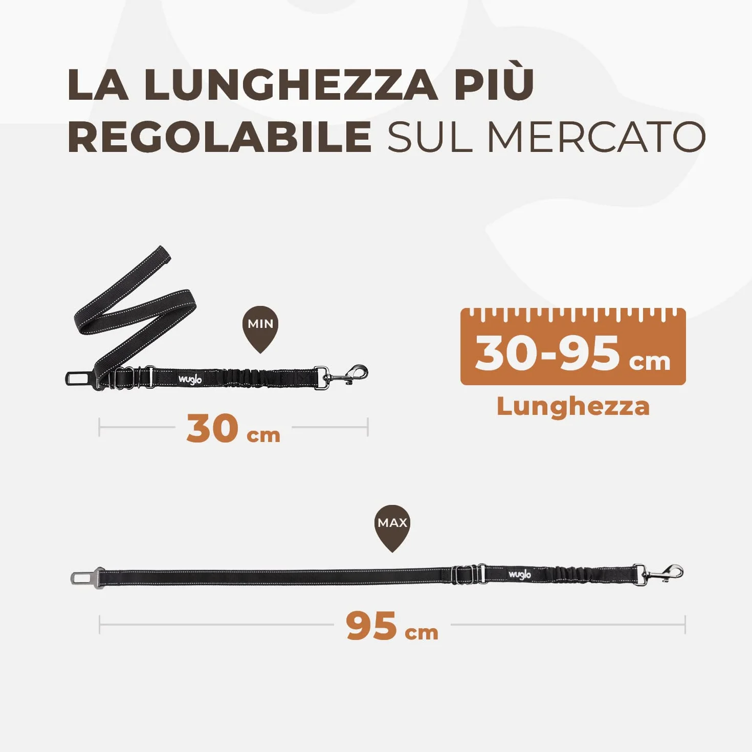 Wuglo Cintura per Cani Auto da 30 a 95 cm - Cintura di Sicurezza per Cani Elasticizzata - Cintura Auto per Cani con Attacco Spesso - Guinzaglio Auto per Cani Universale (Nero)
