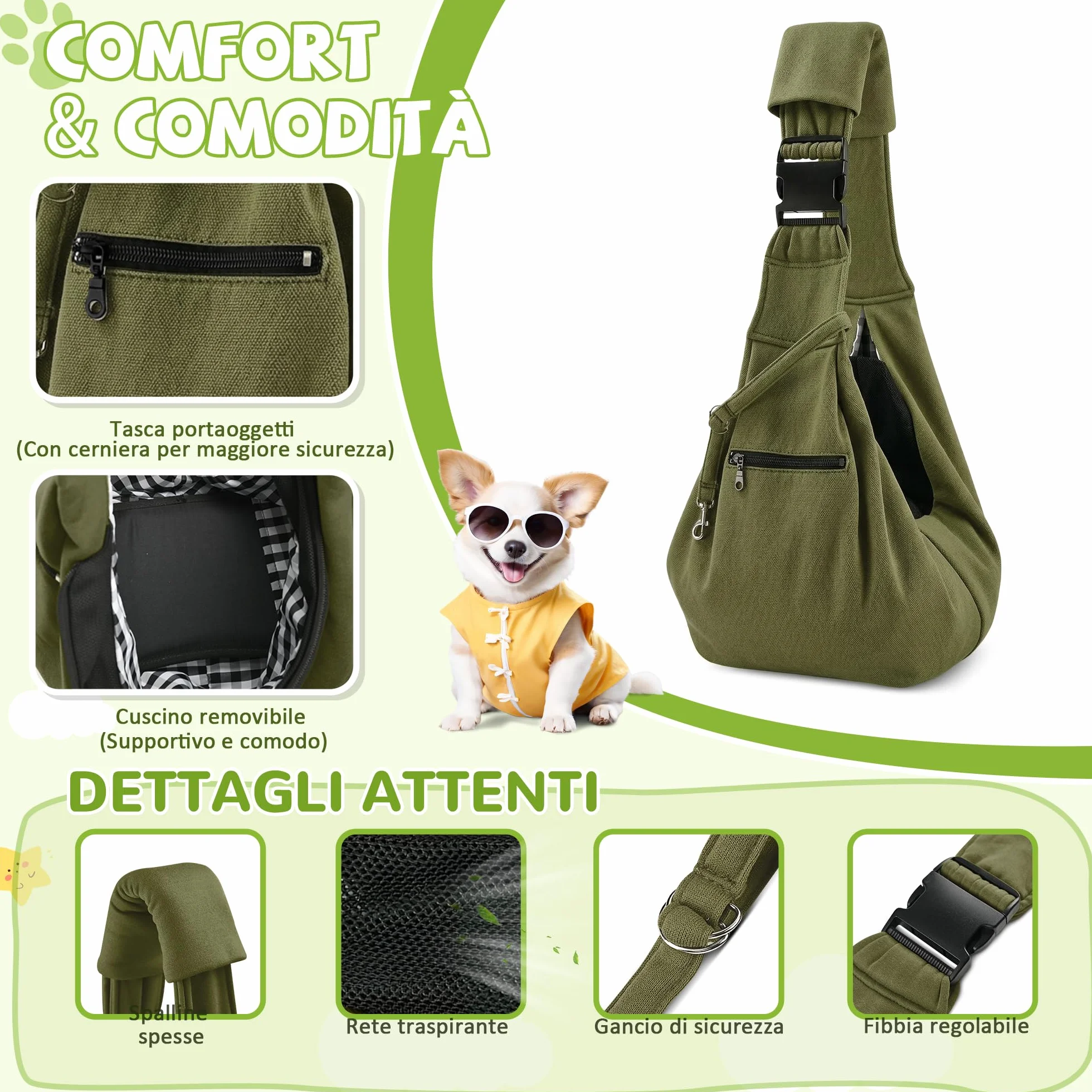 ALLSOPETS Borsa Trasporto Cane Gatto Tracolla Traspirante per Cani Piccola Taglia Gatti Gancio Sicurezza Verde Oliva
