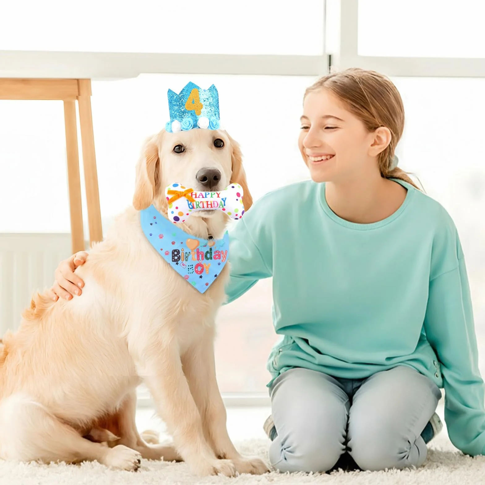 Set Compleanno Cane 4 Pezzi Cappellino Bandana Giocattolo Osso Numeri Regalo Blu