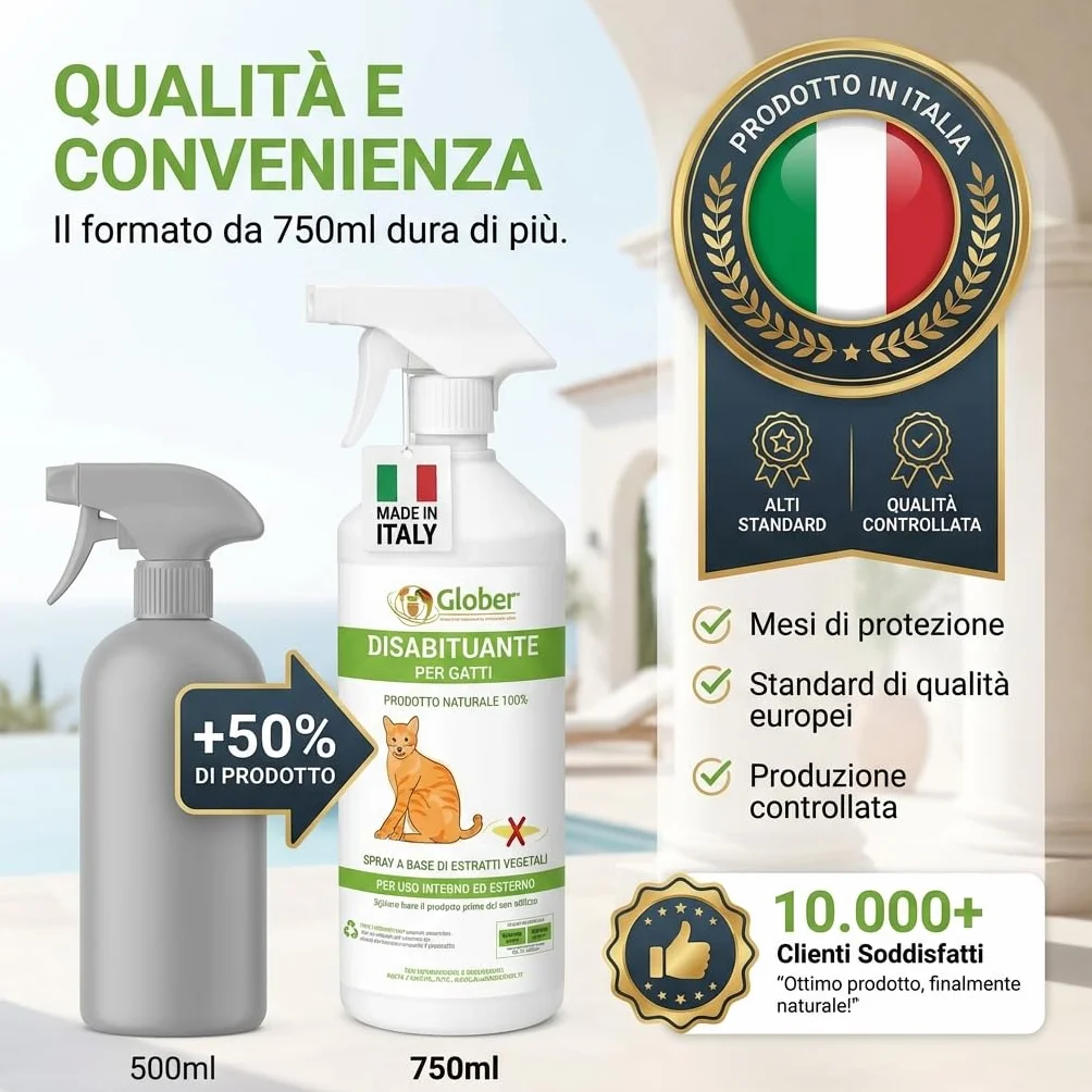 GLOBER Disabituante per Gatti Anti Urina - Spray 750ml - Made in Italy, 100% Base Vegetale per Interni ed Esterni - Addestrativo Urine Stop Gatto - Dissuasore Gatti e Elimina i Cattivi Odori