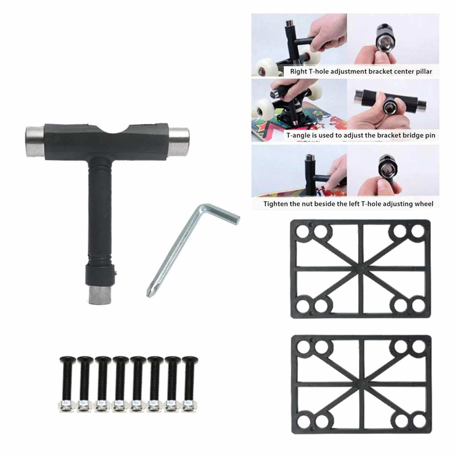 Set Completo Skateboard con Truck Coppia in Metallo 4 Ruote PU 8 Cuscinetti Kit Montaggio Double Kick