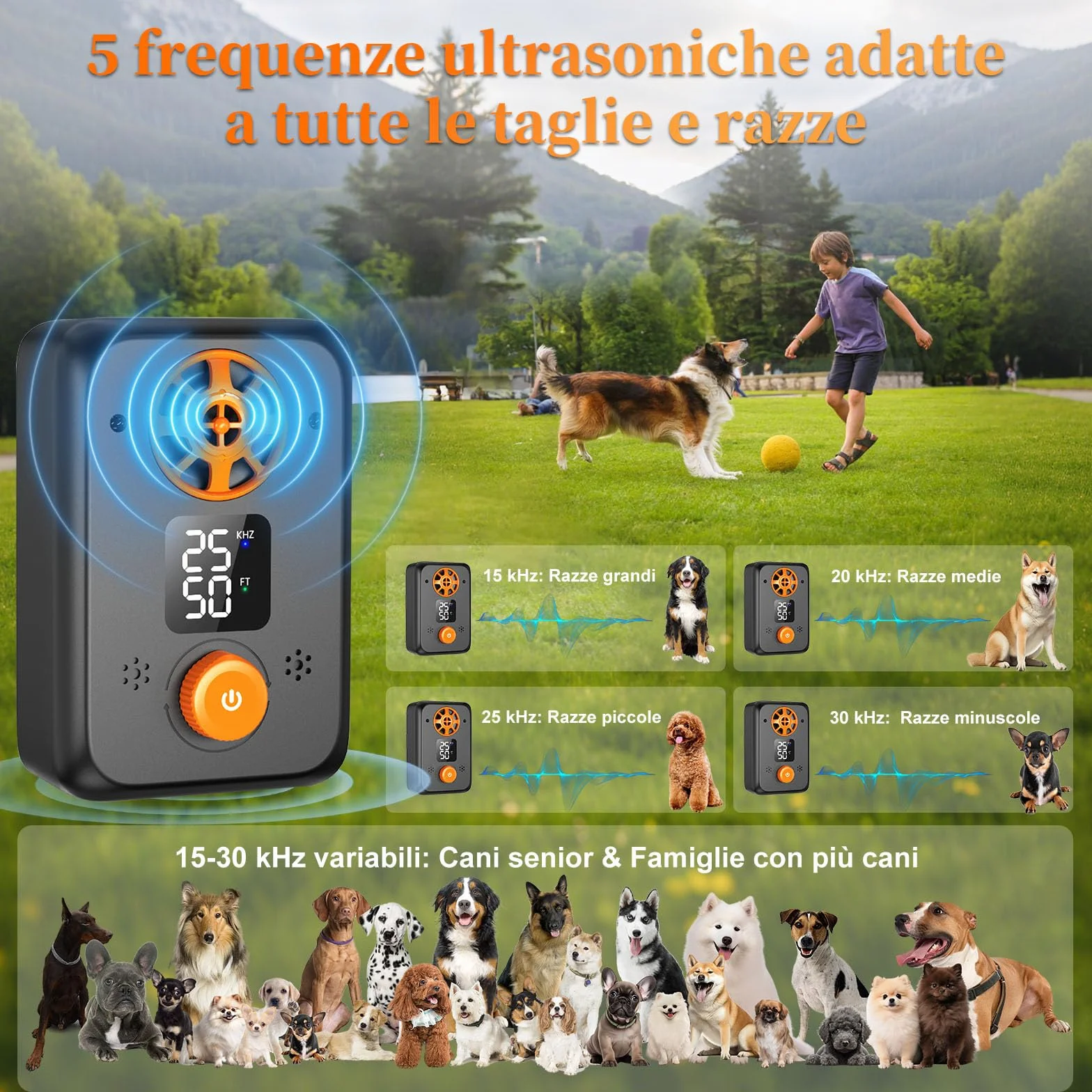 Dispositivo Antiabbaio per Cani Ultrasuoni - Ultrasuoni per Cani Ferma Abbaio Automatico con 5 modalità Frequenza, 3 Portate, Interno/Esterno Efficace