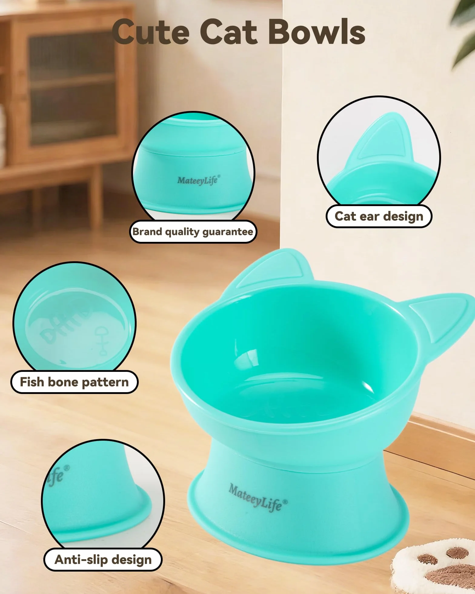 MateeyLife Ciotole per Gatti Rialzate, Set da 2 Ciotole Rialzate per Gatti con 15 Gradi, Ciotola Rialzata per Gatti da Interno e Cani di Piccola Taglia, Anti-affaticamento dei Baffi,Rosa & Verde