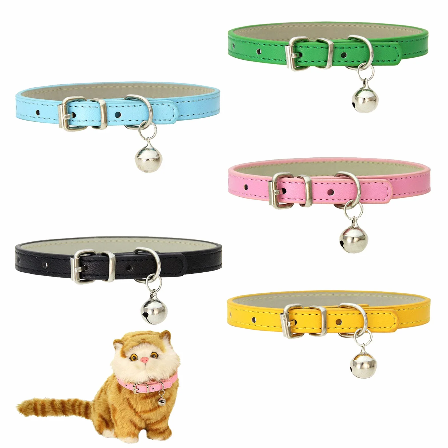 5 Pezzi Collare per Gatto in Pelle,Regolabile Collare Animali Domestici con Campana,Fibbia di Sgancio di Sicurezza Collare per Gatti Animaletti Picoli Cani
