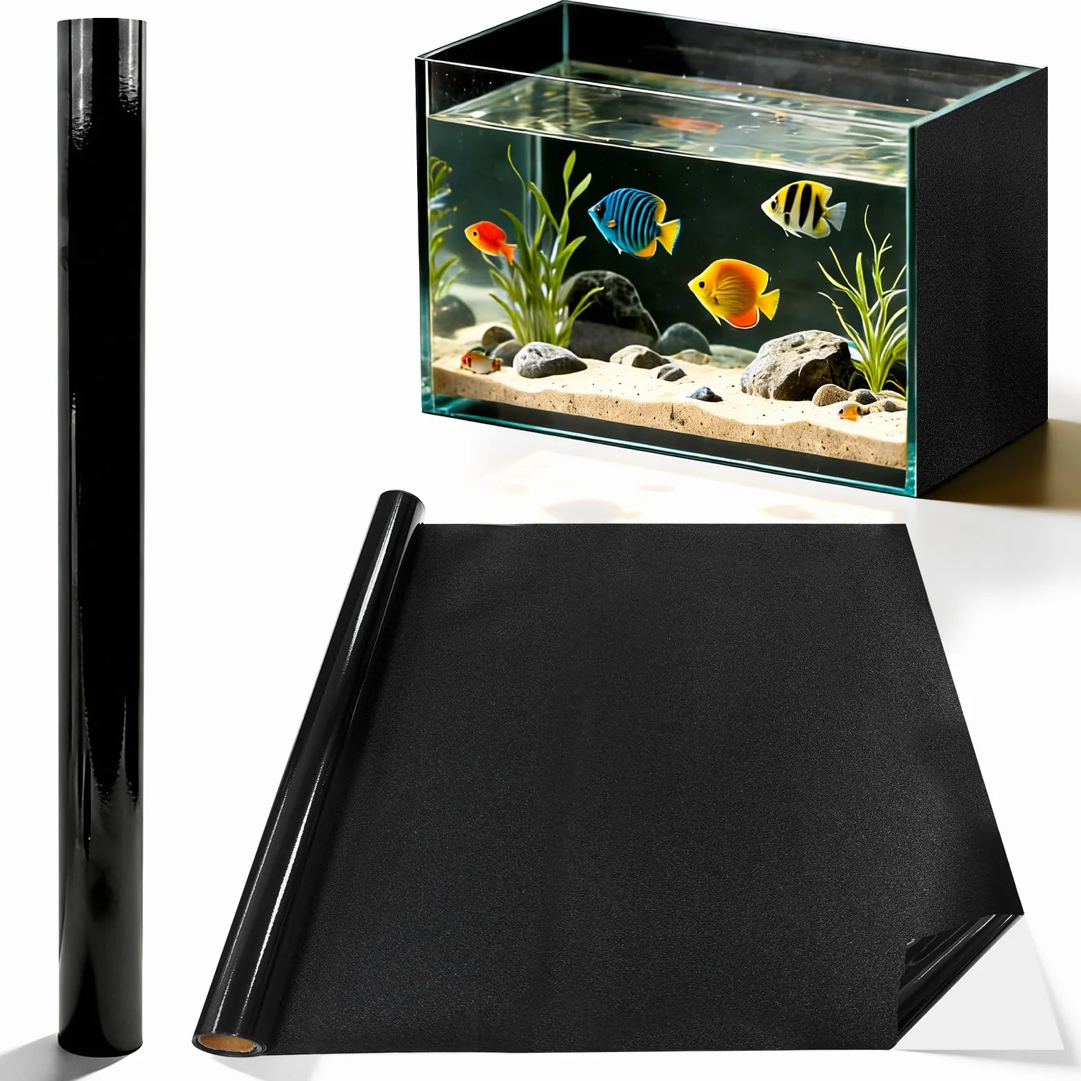 Adesivo Statico Sfondo Acquario 3D, 40 X 200 CM Pellicola Sfondo per Acquario Parete Posteriore Dell' Terrario, Autoadesiva per Pellicola Adesiva Nera Nero PVC Pannello Posteriore Ritagliabile