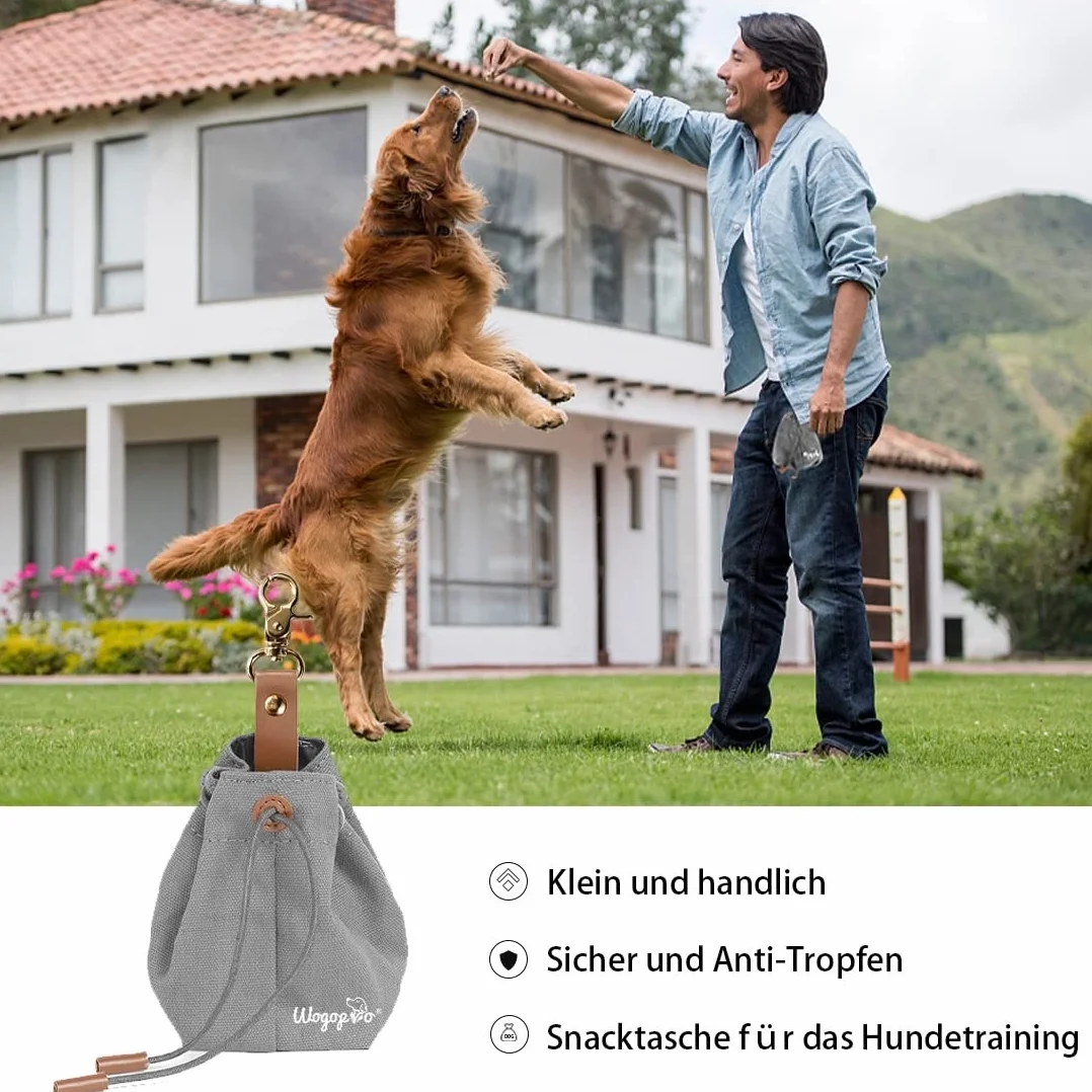 Sacchetto per cani in tela con clip e corda, per addestramento del cane (grigio)