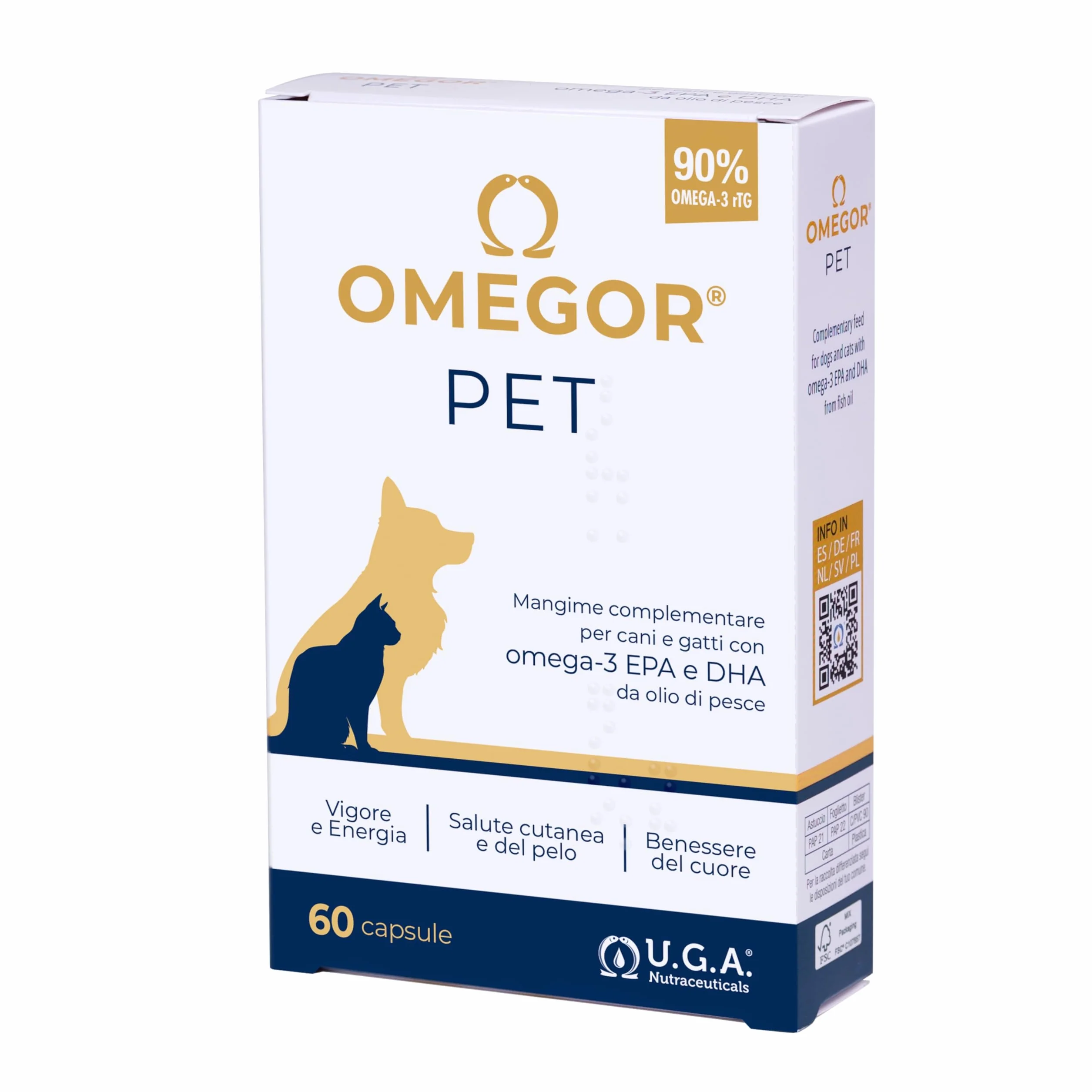 OMEGOR Pet Omega 3 per Cani e Gatti con EPA e DHA da Olio di Pesce Purificato - 60 Capsule di Omega3 IFOS Certificato per la Salute del Pelo e delle Articolazioni del tuo Pet