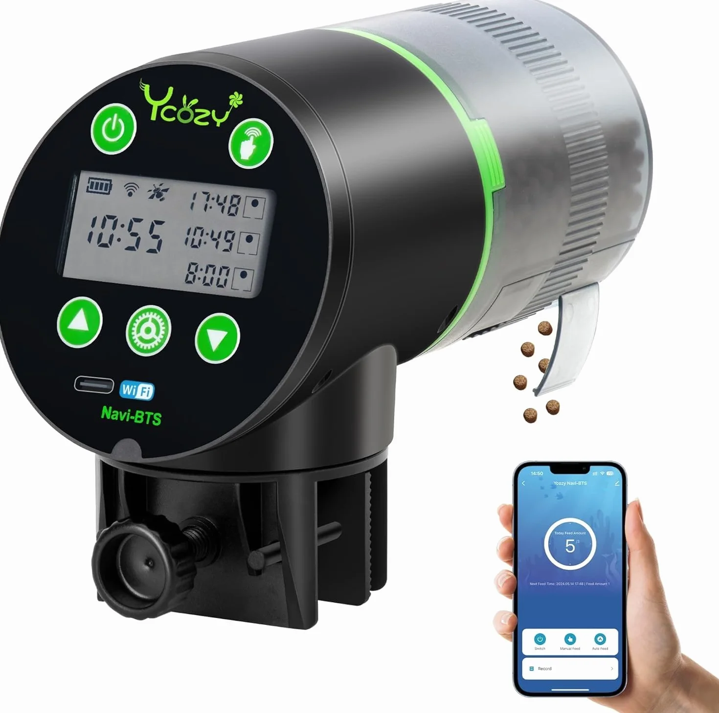 Ycozy WiFi Mangiatoia Automatica Acquario con Telecomando App, Alimentato a Spina Distributore Automatico Cibo Pesci con spina UE e cavo USB-C Distributore Cibo Pesci Display LCD | Navi-BTS