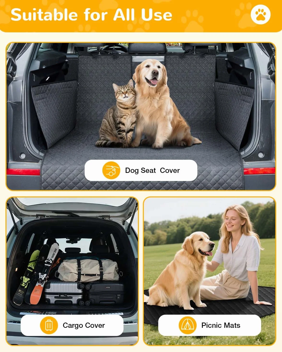 Telo Auto per Cani con Protezione Laterale - Impermeabile Antiscivolo Telo Bagagliaio Auto per Cani, Copertura Universale per Bagagliaio Auto, SUV,e Station Wagon, Lavabile in Lavatrice