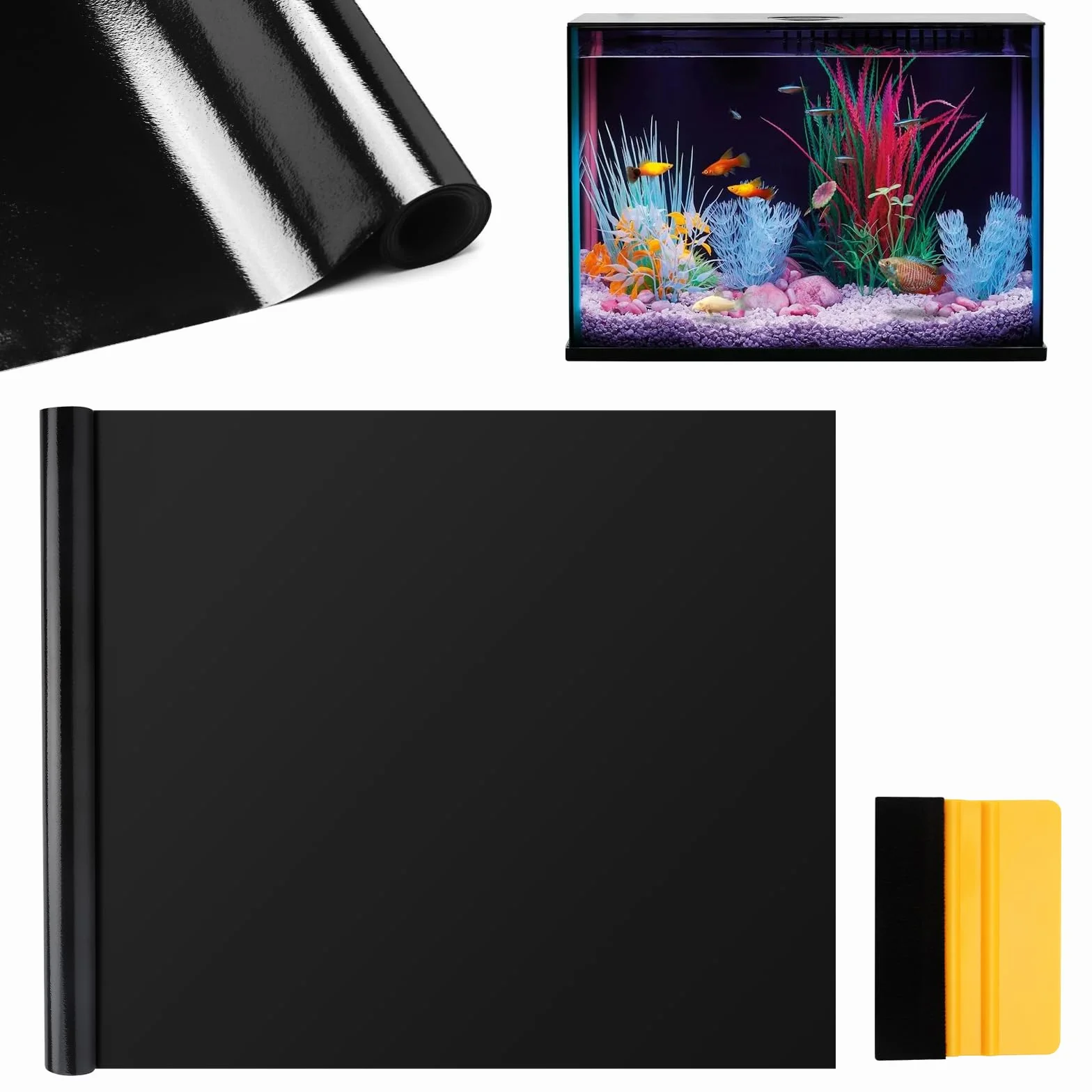 Adesivo Statico Sfondo Acquario, 40 x 200 cm Pellicola per Parete Posteriore dell' Acquario, Pellicola Autoadesiva per Acquario Pellicola Adesiva Nera Nero PVC Pannello Posteriore Ritagliabile