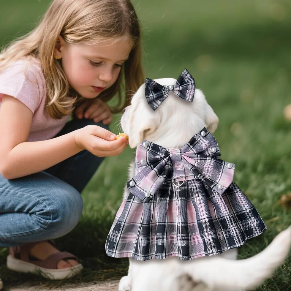 Vestiti per Cani Eleganti in Tartan Rosa e Nero con Fiocco Abiti per Cani Matrimonio Pet Clothes di Alta Qualità per Occasioni Speciali per Piccolo Medio Grande (L)