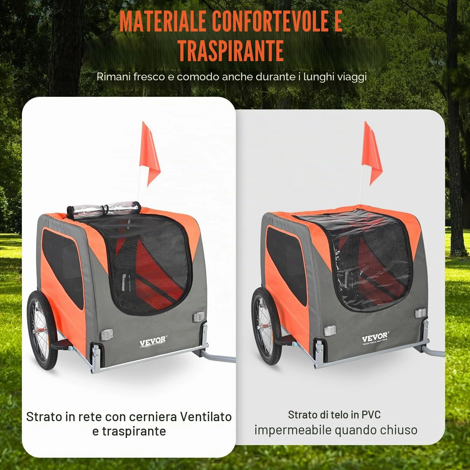 VEVOR Rimorchio Bici per Cani Pieghevole Portata max. 30 kg Passeggino per Animali Domestici con Ruote a Sgancio Rapido Telaio in Acciaio Carrello per Bici Traino Rimorchio Animali Arancione/Grigio