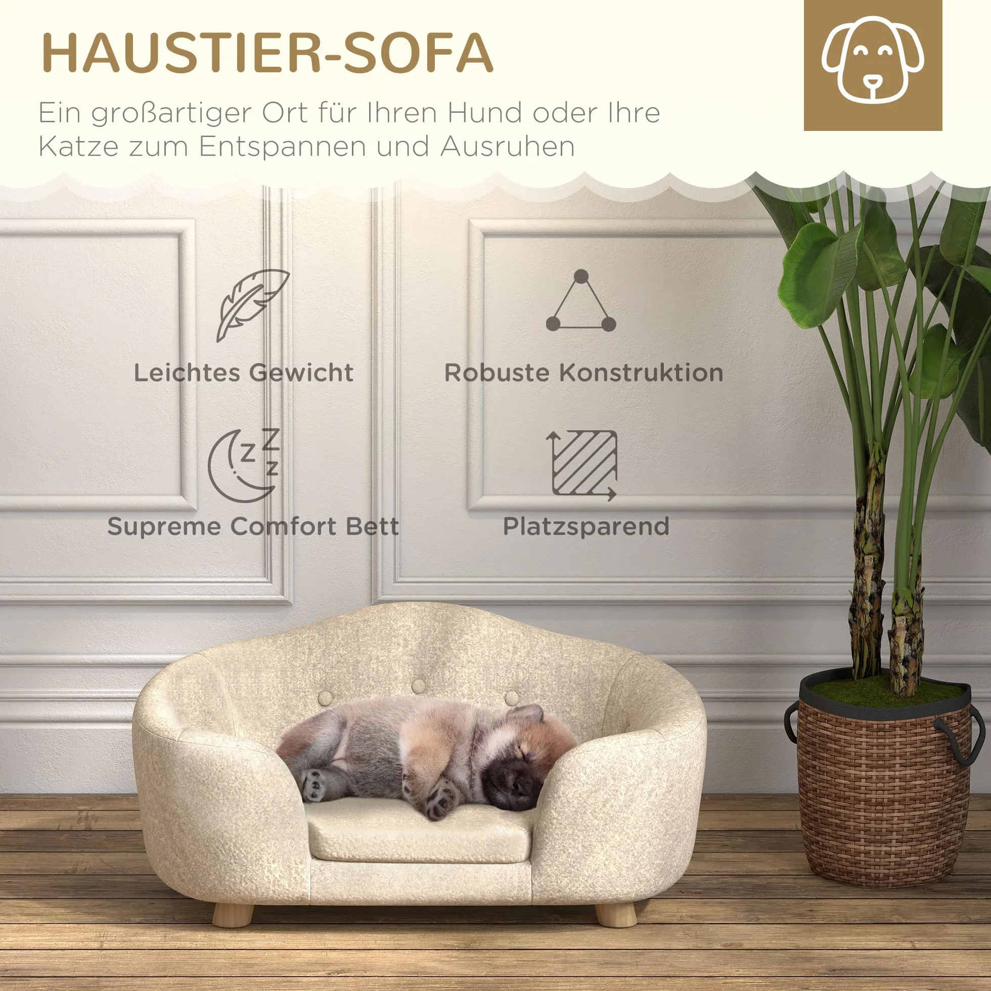 PawHut Divano per animali domestici, letto per cani, divano per cani, divano con cuscino, tasca posteriore in peluche, in legno di pino bianco, 70 x 47 x 30 cm
