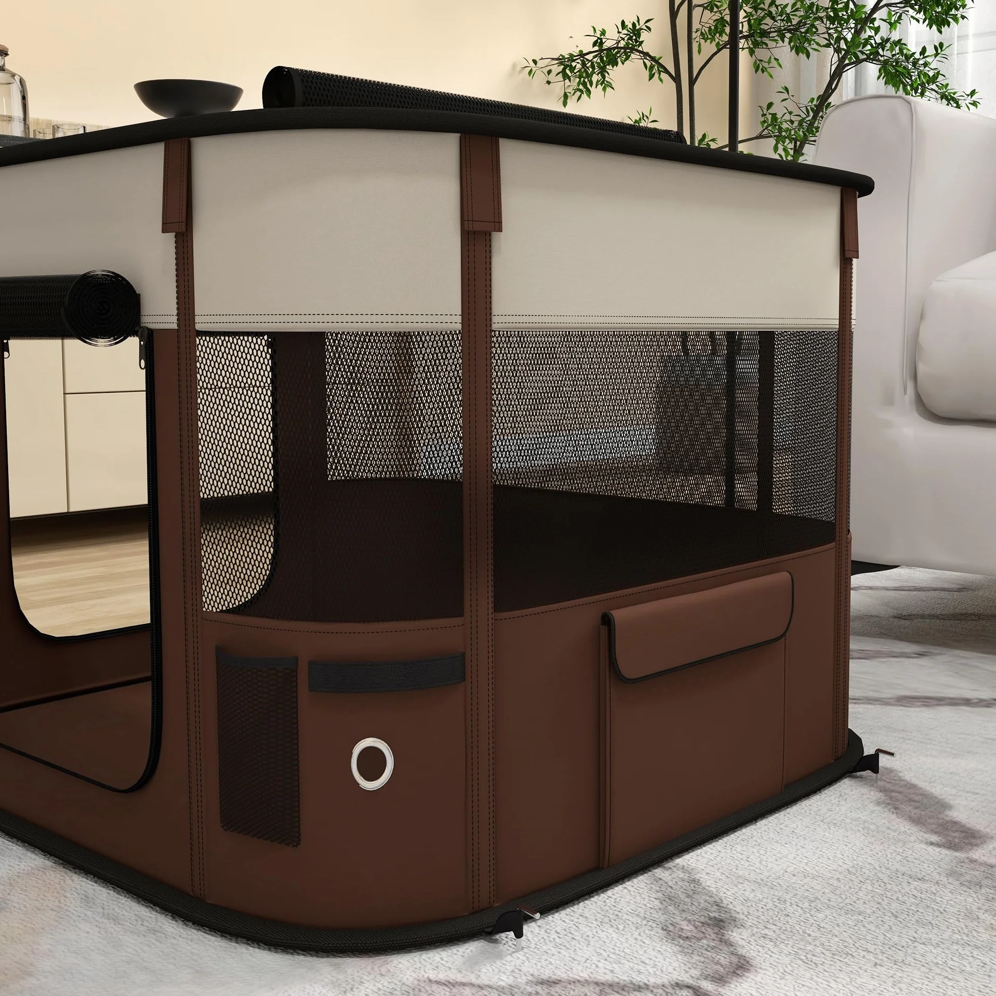 PawHut Box per Animali Domestici 6 Finestre 3 Porte 2 Borse Portaoggetti Recinto per Cani Tessuto Oxford Acciaio 74x60x45 cm Marrone