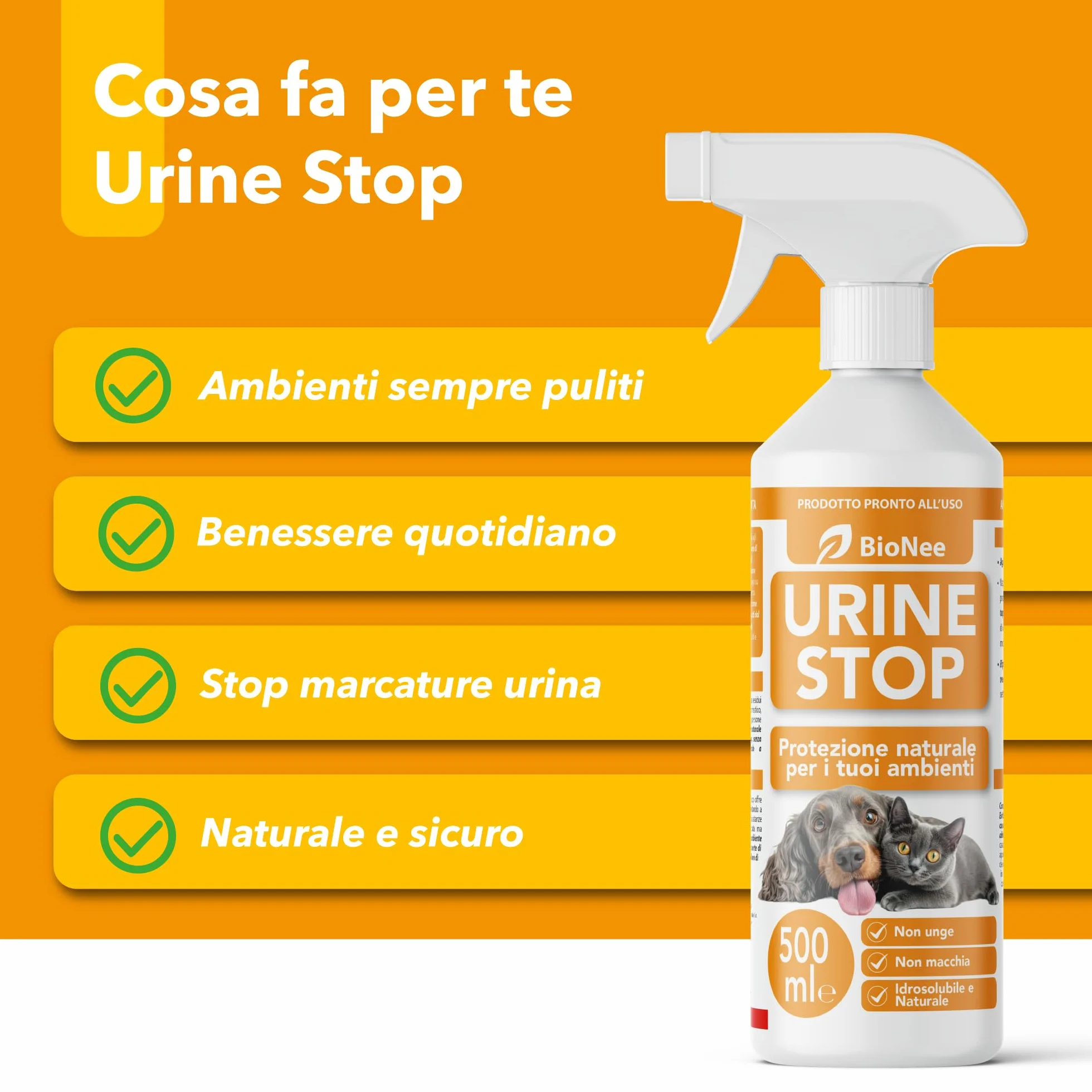 Bionee Urine Stop Spray Naturale per Cani e Gatti 500 ml – Doppia Azione: Disabituante agli Agrumi + Elimina Odori – Pronto all’Uso, Non Macchia, Sicuro per Ambienti Interni ed Esterni