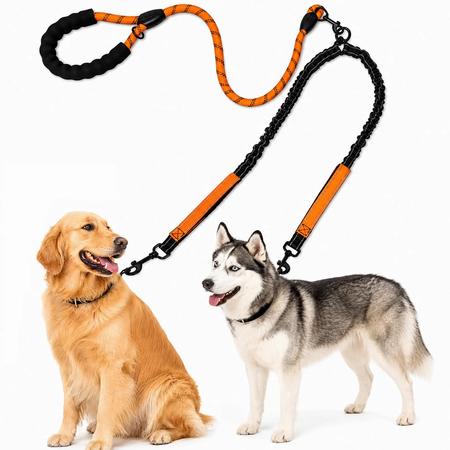 Guinzaglio doppio per cani per 2 cani, nessun groviglio Bungee Large | Guinzaglio doppio resistente per due cani, elastico ammortizzante, girevole a 360°, manici imbottiti