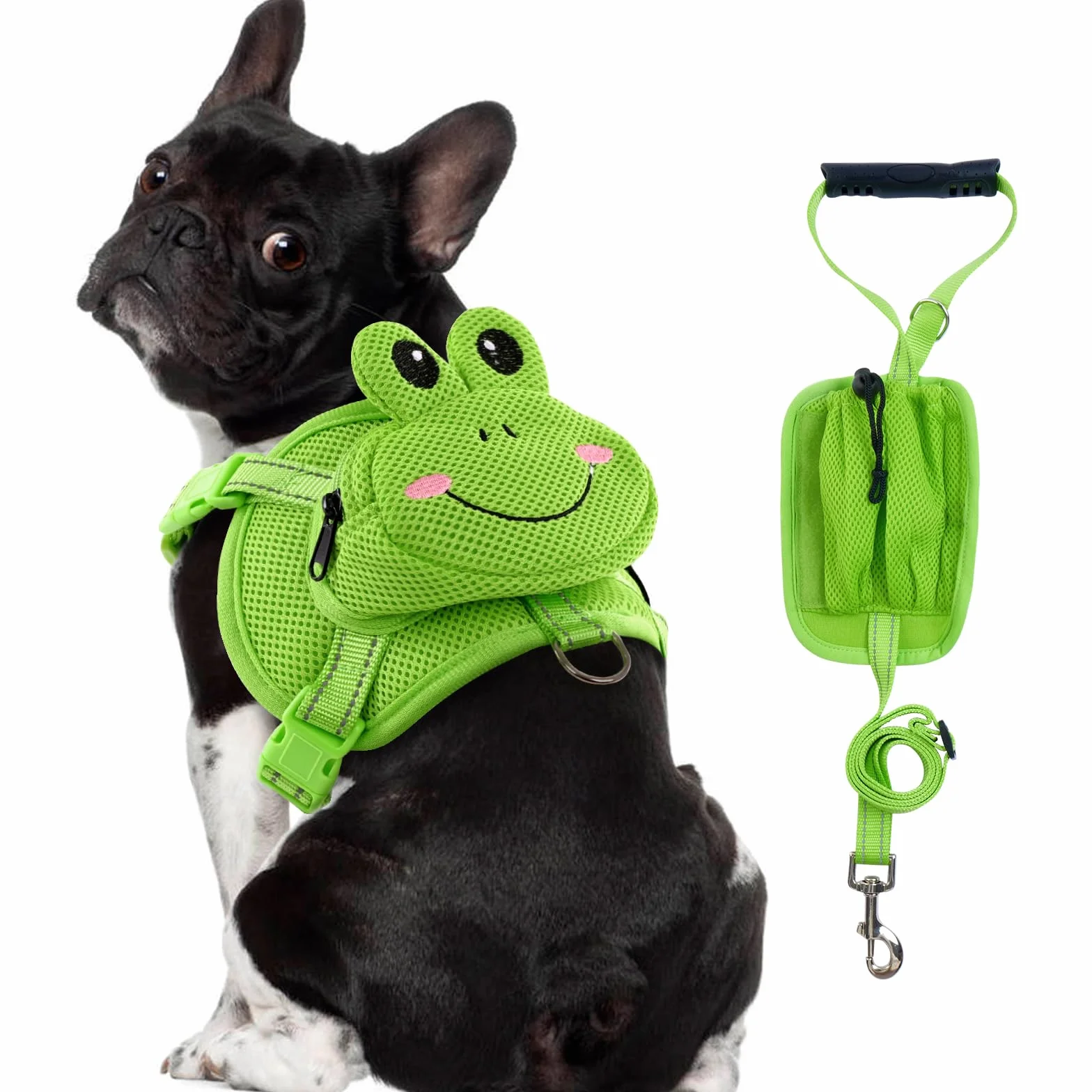 Imbracatura per cani con guinzaglio, Pettorina per cani con zaino, Borsa da sella per cani senza tirare, Borsa per cani in rete con anello a D, Zaino da trekking per cani di taglia piccola e