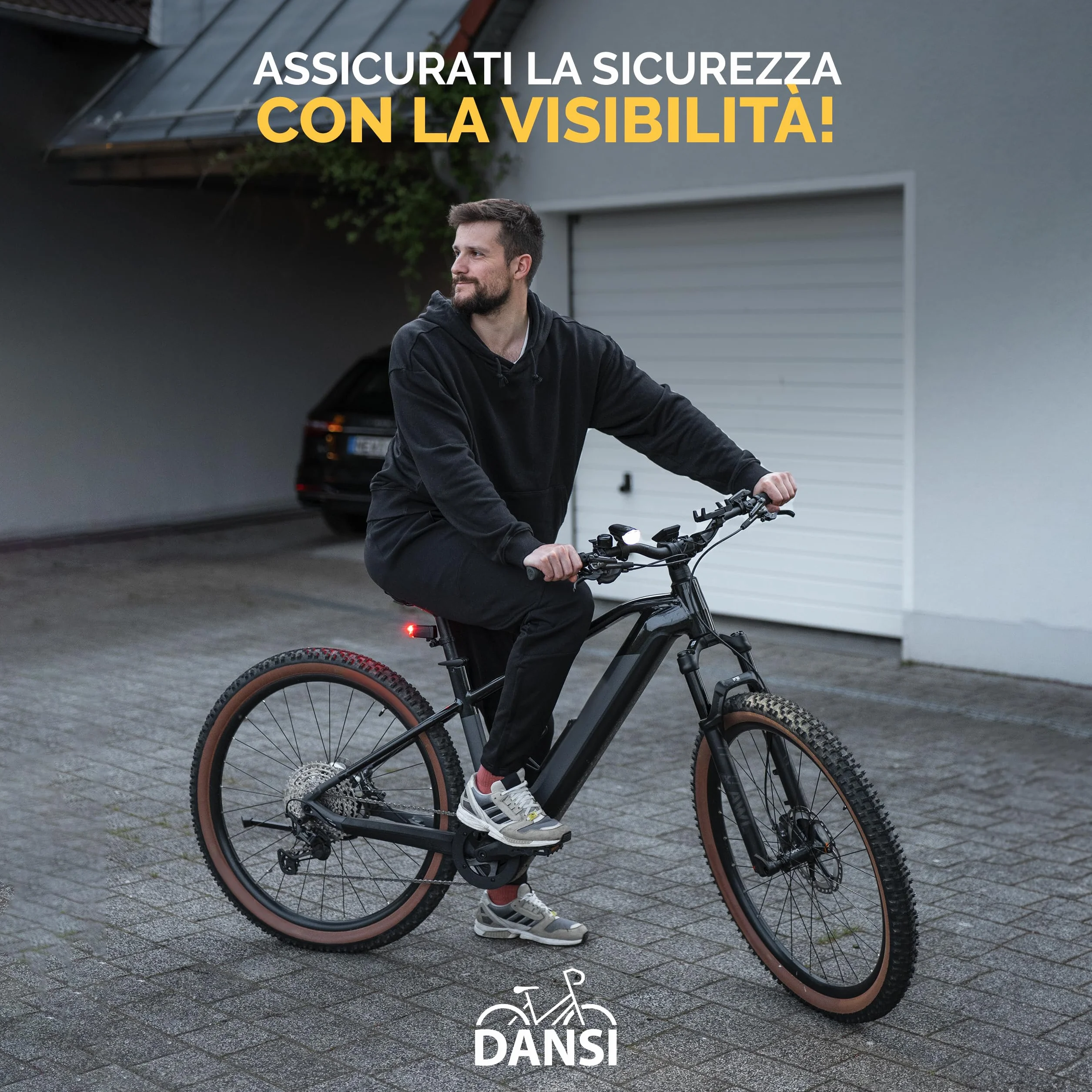 DANSI LED Light Set - Illuminazione per biciclette omologata StVZO con 60, 30 e 15 Lux | Illuminazione per biciclette a LED anteriore + posteriore | Regolazione automatica dell'illuminazione