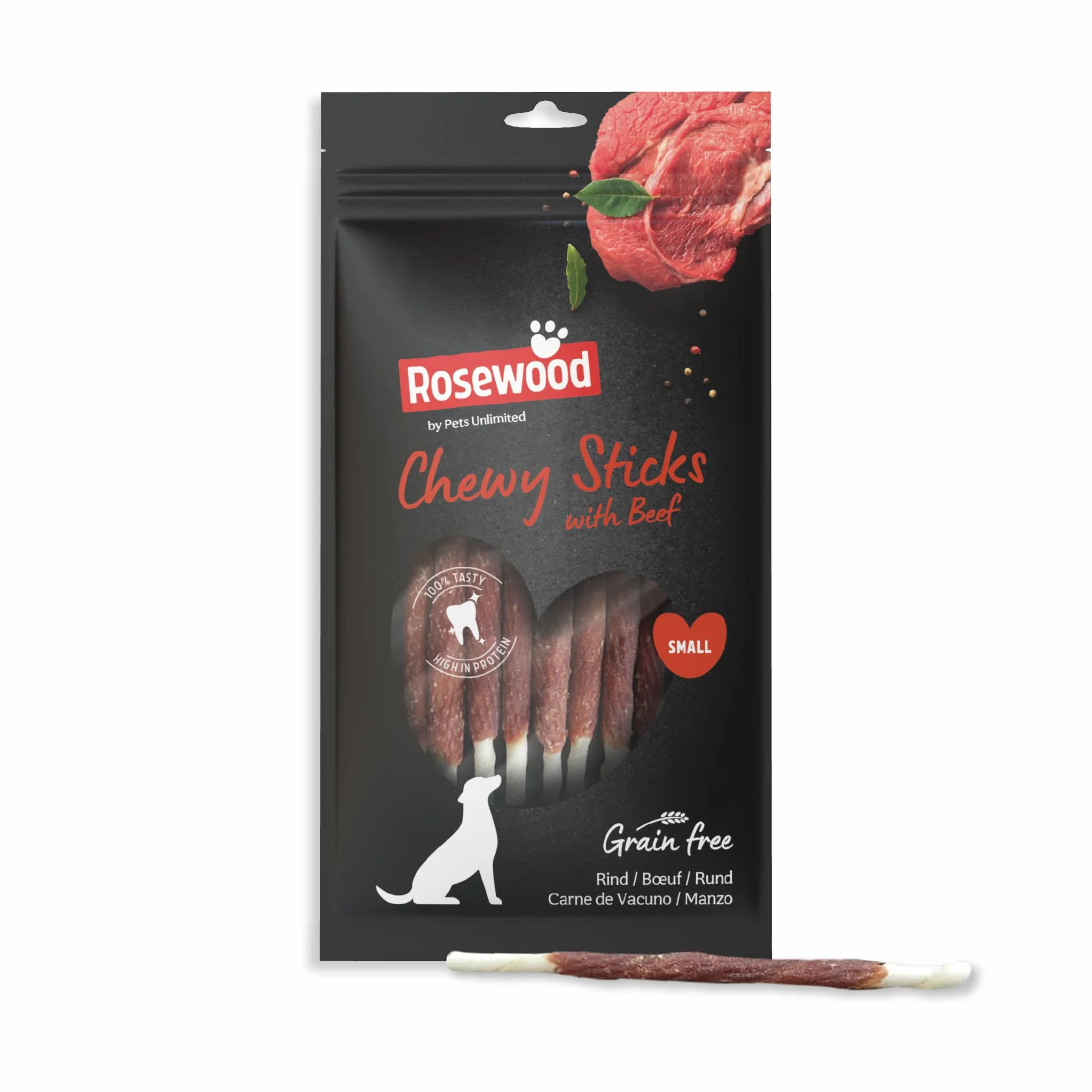 Rosewood Chewy Sticks Manzo Small - Bastoncini da masticare per cani con carne di manzo, supporta la cura dei denti, senza cereali, glutine e additivi artificiali, confezione da 6 (6x72 g)