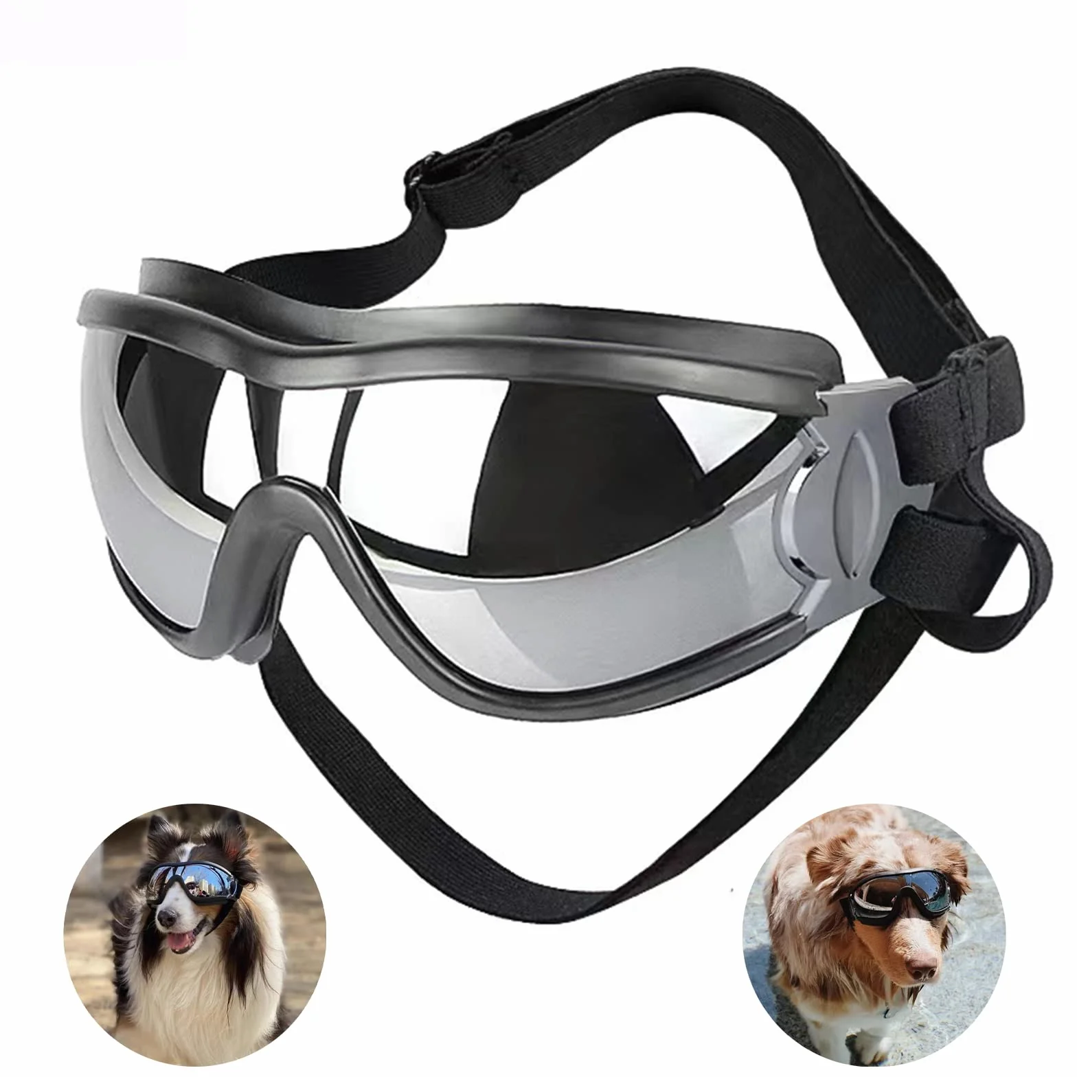 Occhiali per cani, occhiali da sole per cani con cinturino elastico, occhiali UV per animali domestici, proteggono gli occhi del cane da raggi UV, vento, polvere nebbia, razza media/grande
