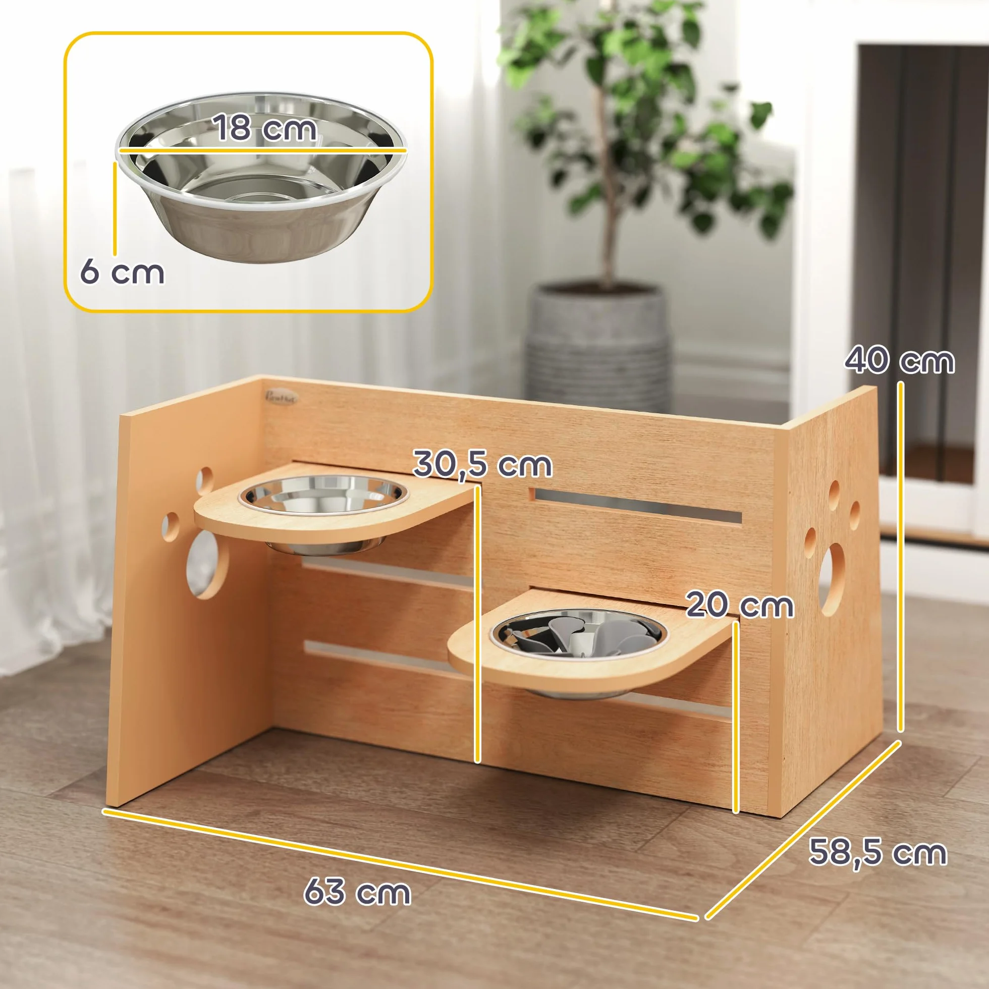 PawHut Ciotola per Cani rialzata di 3 Altezze Regolabili, Ciotola per Cani con 2 Ciotole in Acciaio Inox, Tappetino per Alimentazione Lento, Design Separato, per Cani Piccoli, Medi e Grandi, Rovere