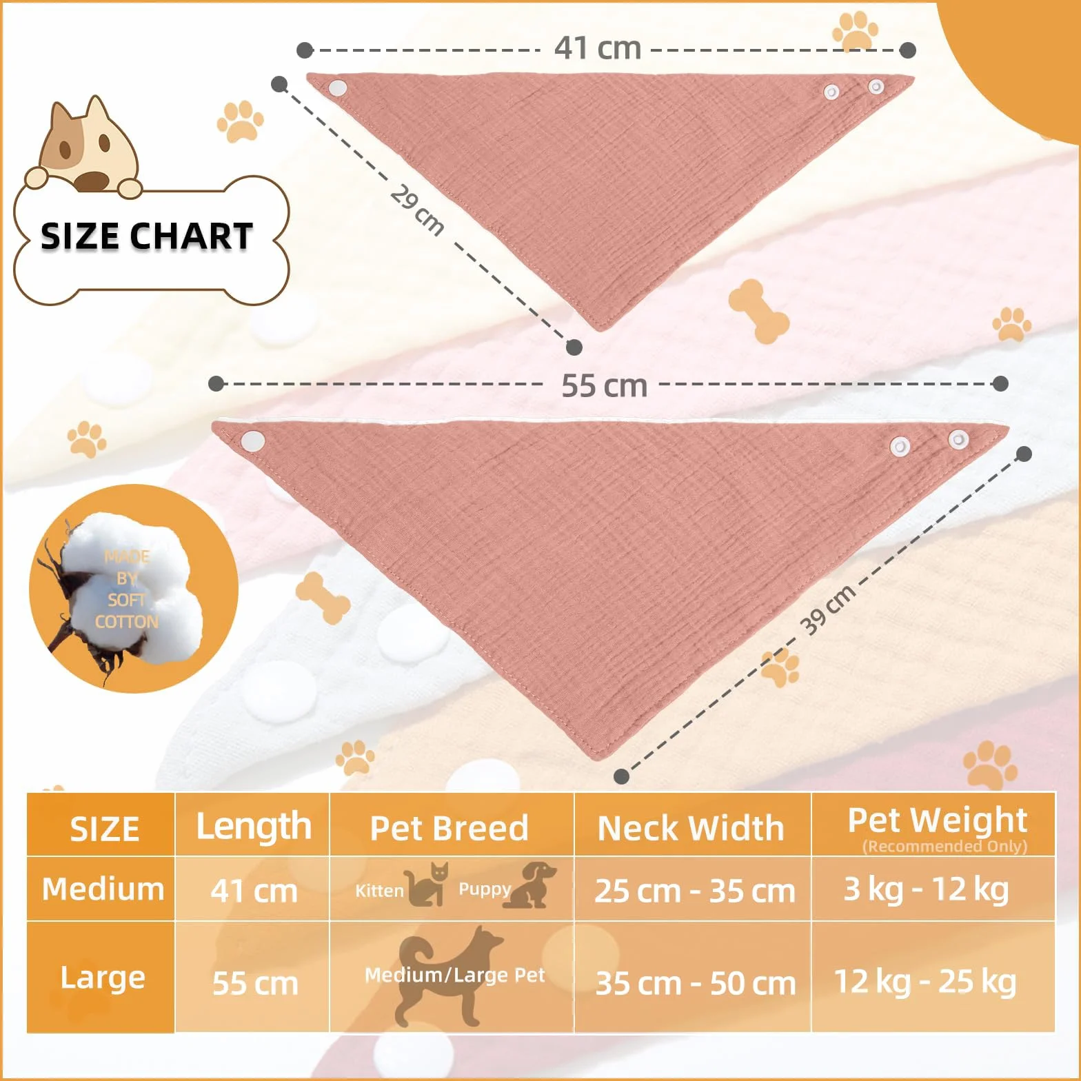 Bandana per Cani Tinta Unita Rosa Corallo Cotone Morbido Taglia Grande 15-40kg