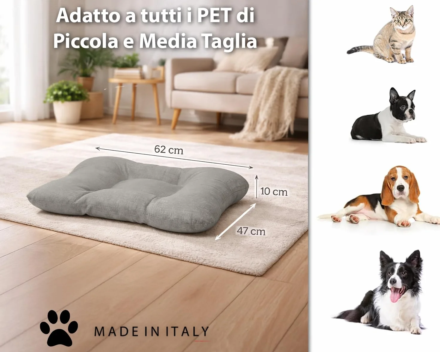 HAND Cuscino per Cane e Gatto a Forma di Osso 62x47 cm – Letto Morbido in Cotone, Lavabile e Imbottito, Spessore 10 cm – Cuccia per Cani Piccoli, Medi – Made in Italy