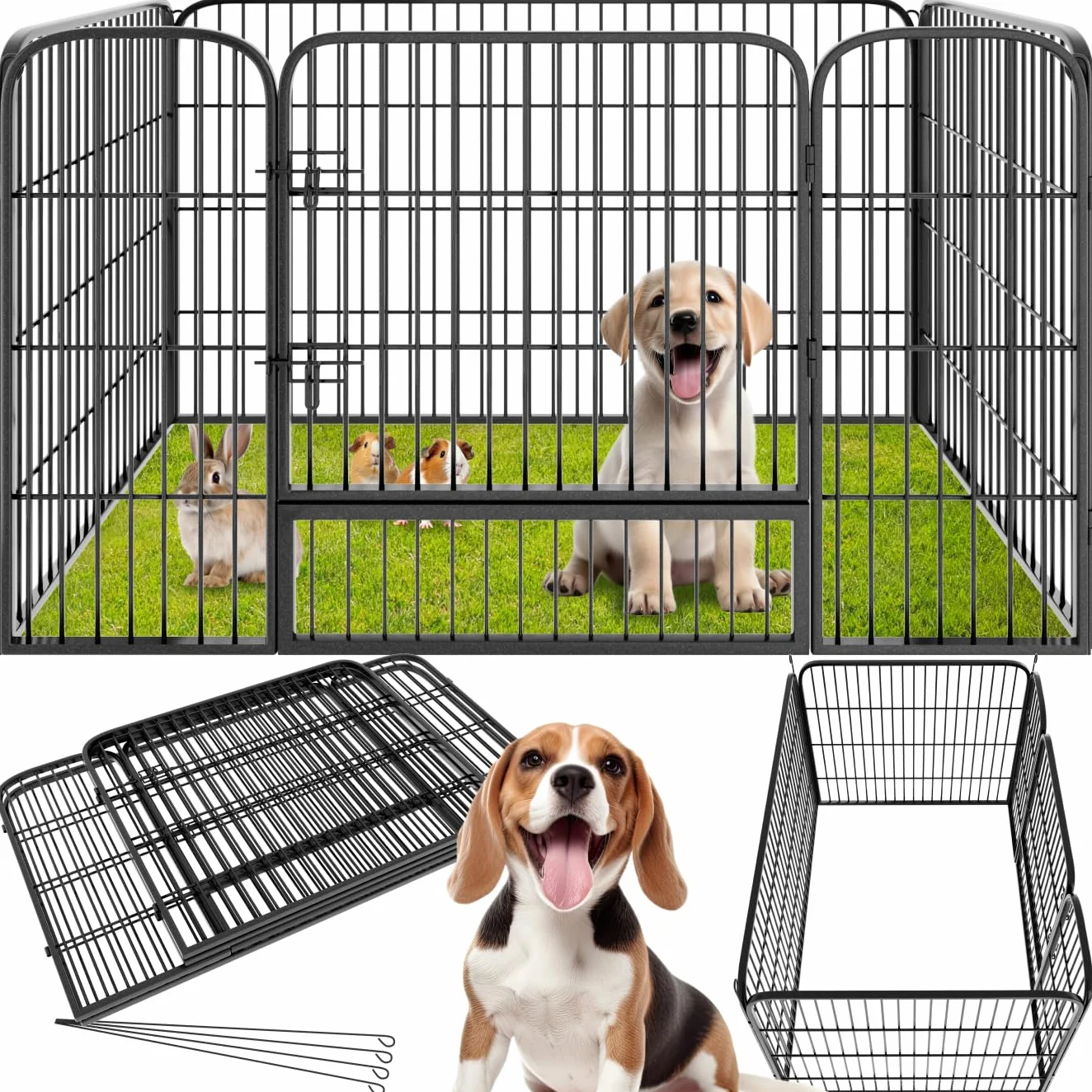 tectake® Recinto per Cani, Cuccioli, Conigli e Animali di Piccola Taglia, Set 4 Pannelli, Recinto da Esterno e Interno, Porta con Doppio Blocco, Pieghevole - Dimensioni Singolo Pannello 70 x 85 cm