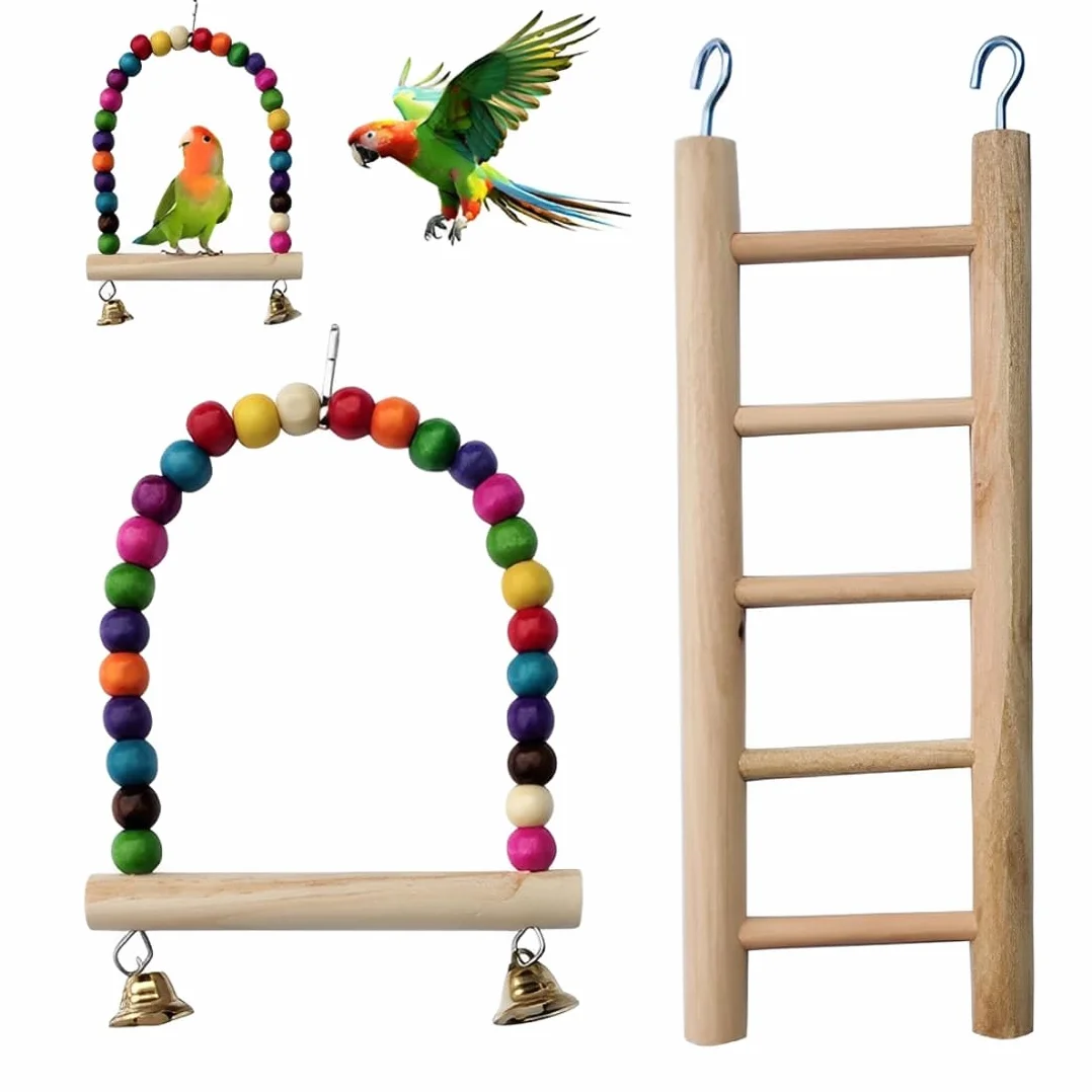 GXGM 2 Pezzi Set Giocattolo per Uccelli Gabbia Altalena Trespolo Ponte Arcobaleno per Pappagalli