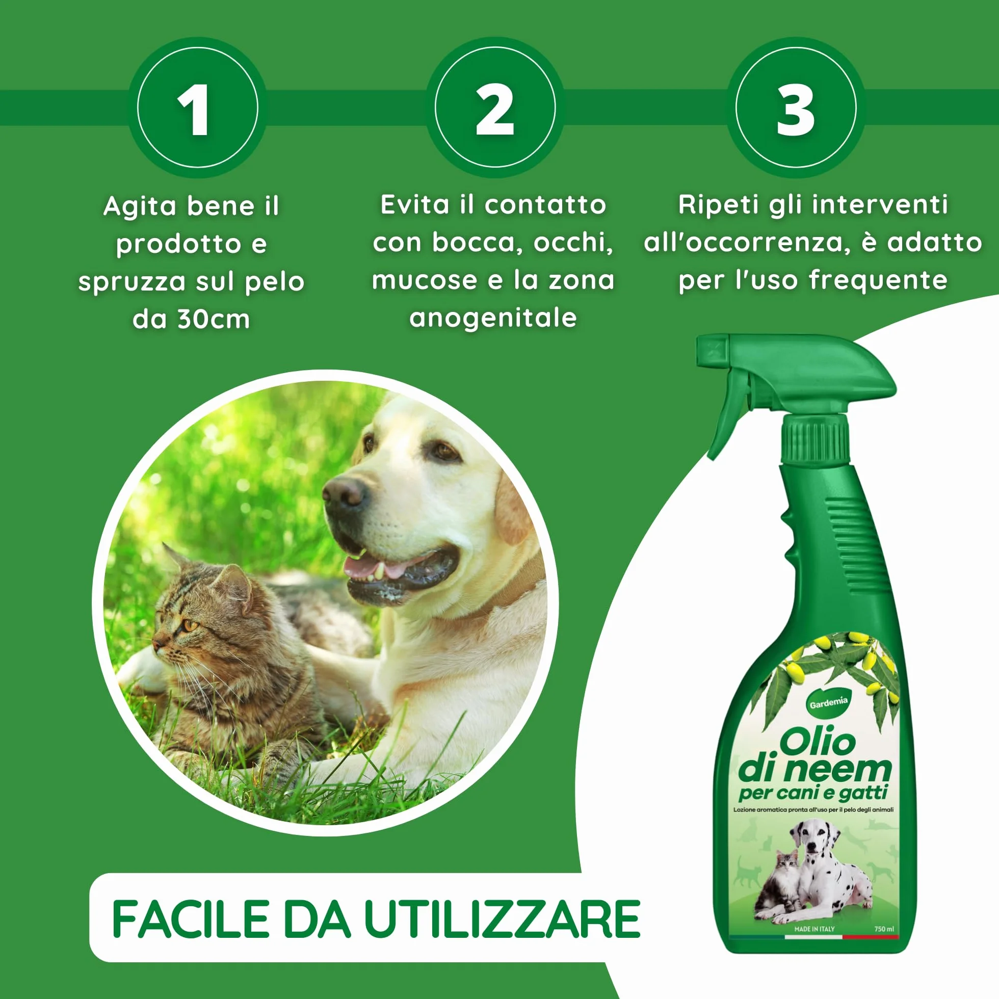 Gardemia Olio di Neem per Cani Gatti Spray 750ml Sgradito a Zecche Pulci Zanzare Insetti Azione Naturale Effetto Barriera abbinabile a Repellente Antipulci Antiparassitario Aroma Gradevole
