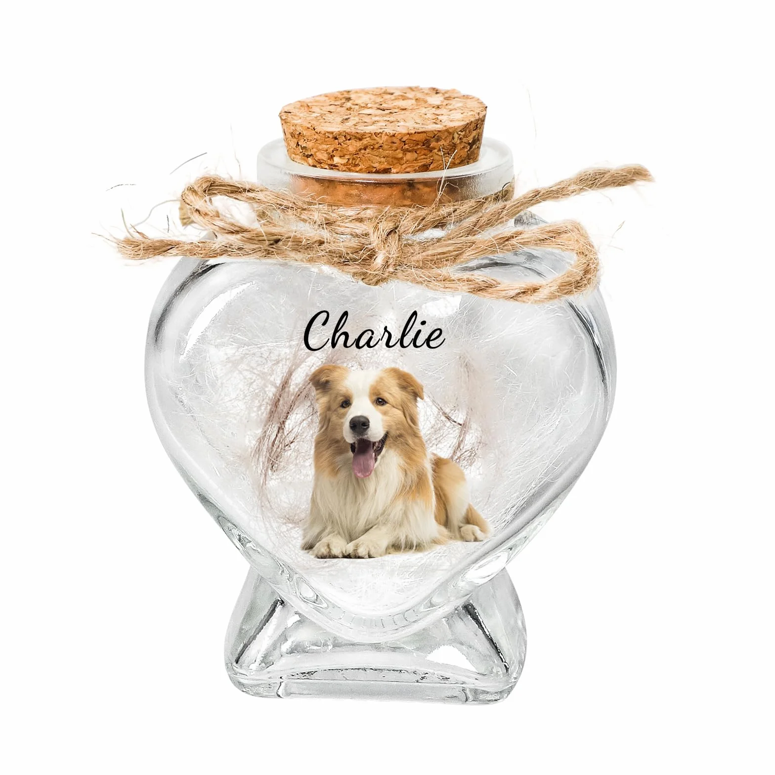 Barattolo di Vetro a Forma di Cuore Personalizzato per Animali Domestici, con Foto e Nome Personalizzabili. può Contenere Ceneri o Pelo. Regalo commemorativo per Animali Domestici (Heart)