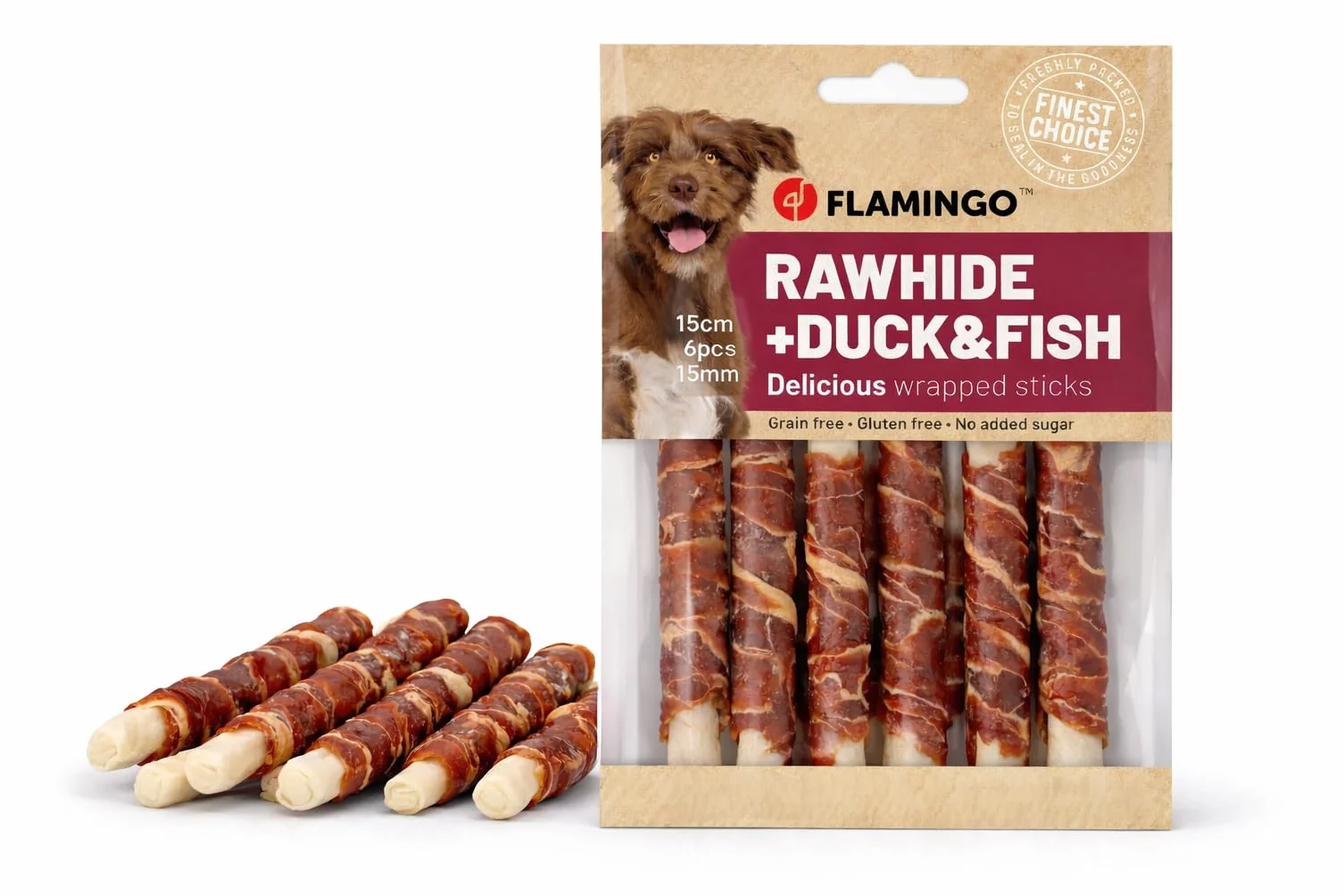 snack per cani - bastoncini per cani - R'Hide con anatra e merluzzo - 15 cm - 6 pezzi - 180 g - senza glutine - senza cereali - senza zuccheri aggiunti