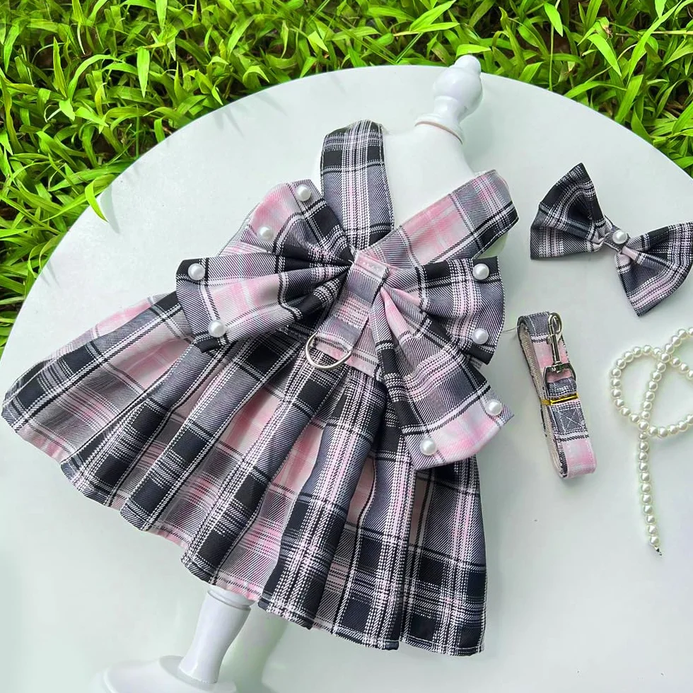 Vestiti per Cani Eleganti in Tartan Rosa e Nero con Fiocco Abiti per Cani Matrimonio Pet Clothes di Alta Qualità per Occasioni Speciali per Piccolo Medio Grande (L)