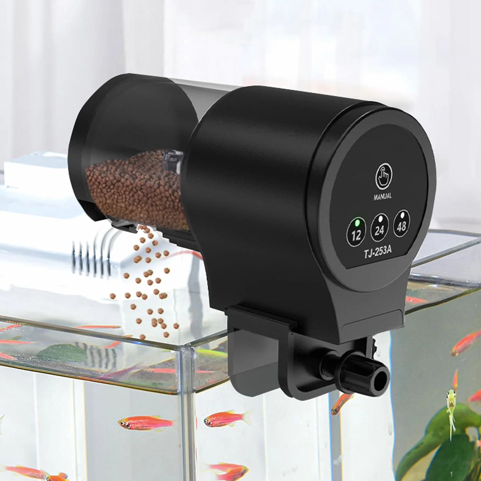 Distributore automatico per pesci GERUI: capacità di 100 ml, distributore di alimentazione per pesci resistente all'umidità per acquario, serbatoio per pesci