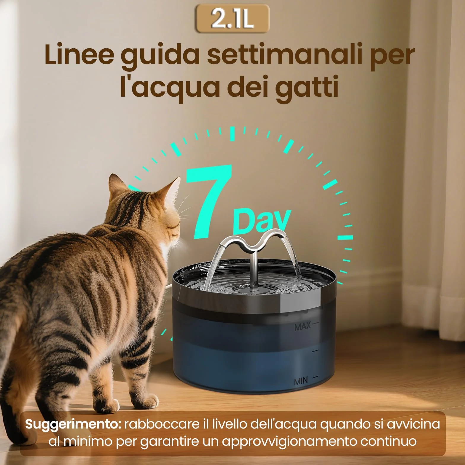 DOOOB Fontanella per Gatti, 2.1L Fontana per Gatti, Automatico Fontanella Gatto con LED e Pompa Ultra Silenziosa, Fontana per Gatto con 3 Filtris e 3 Spugnes