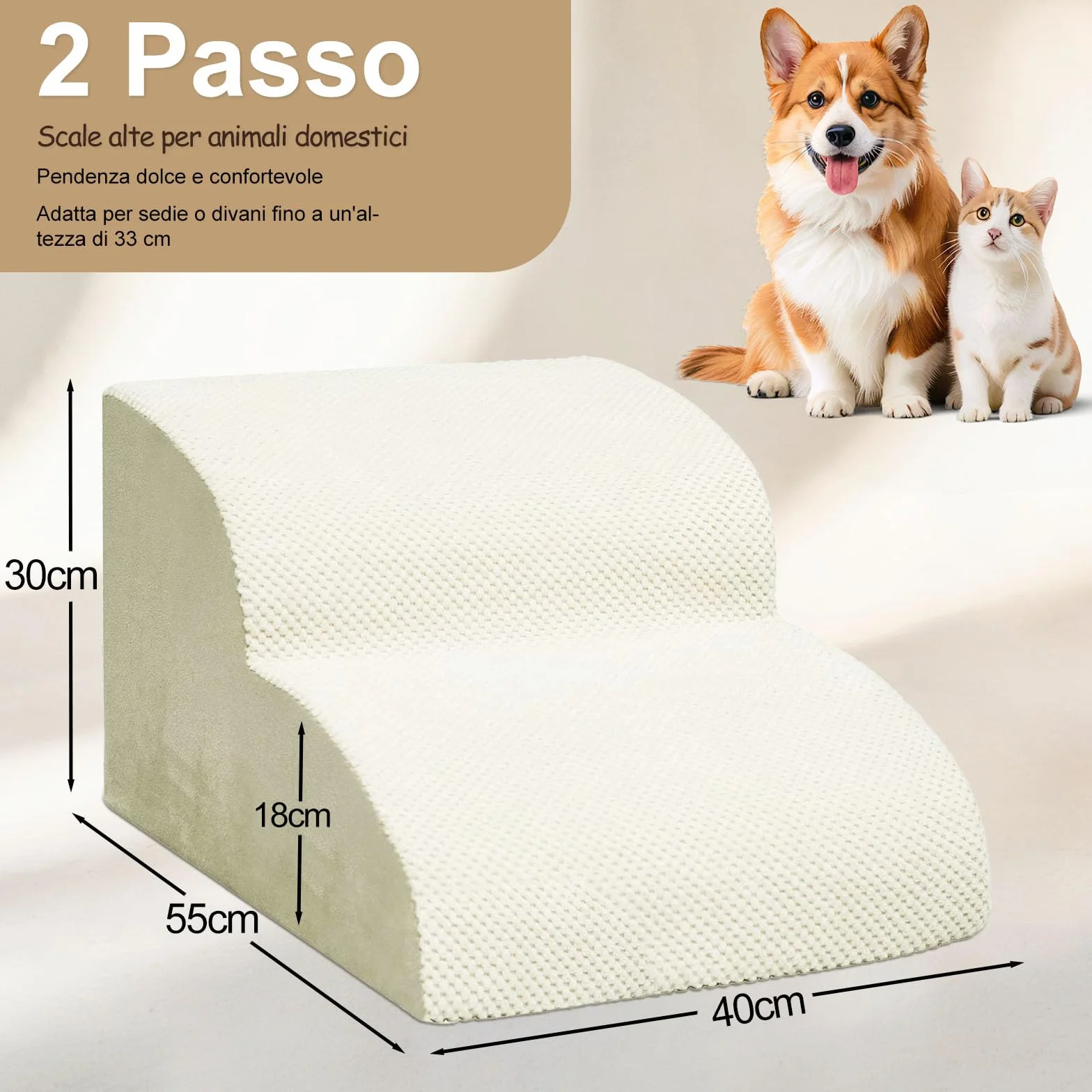 Scala per Cani e Gatti Piccoli 2 Gradini 30 cm Schiuma 30D Antiscivolo Fodera Lavabile Beige