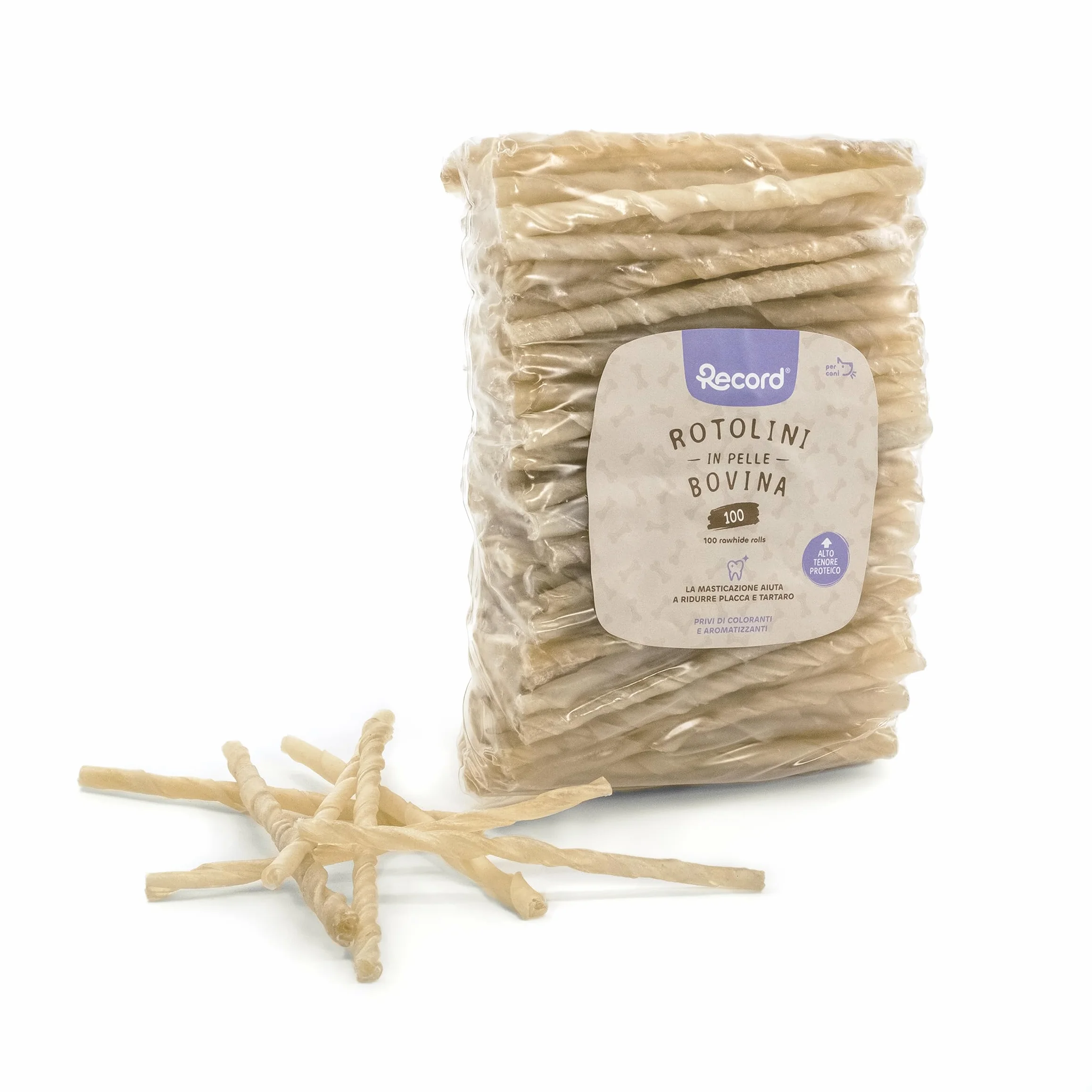 Rotolini di ossa termoretratte in pelle bovina da masticare per cani 100 rotolini medi?