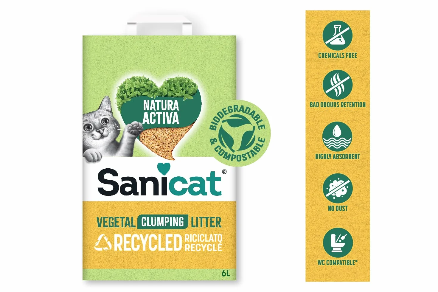 Sanicat Lettiera per gatti in tutolo di mais riciclato Assorbimento superiore controllo odori biodegradabile 6 L