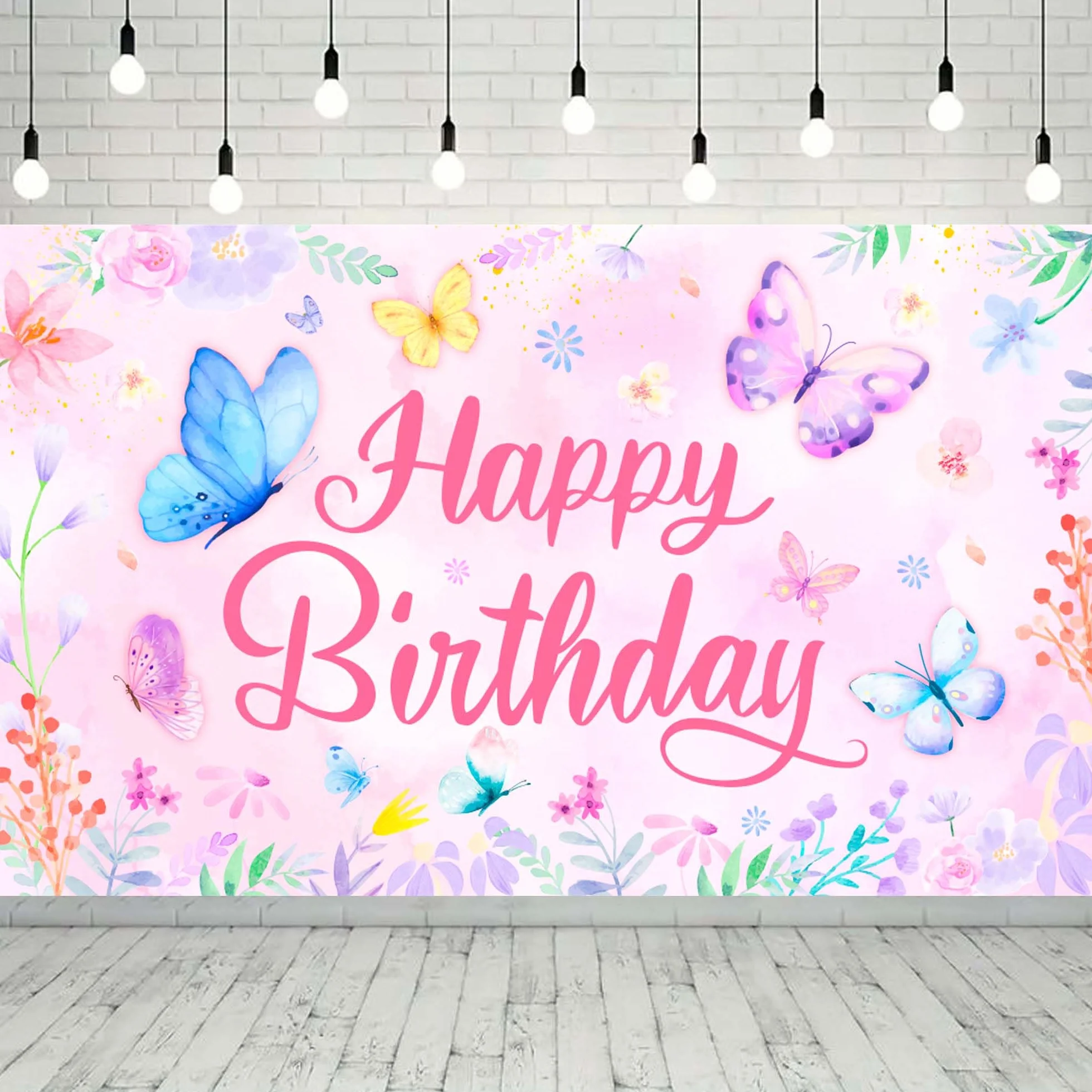 Farfalla Buon Compleanno Sfondo, 71'' x 43'' Sfondo Floreale e Farfalla Festa di Compleanno per Decorazione di Compleanno a Forma di Farfalla