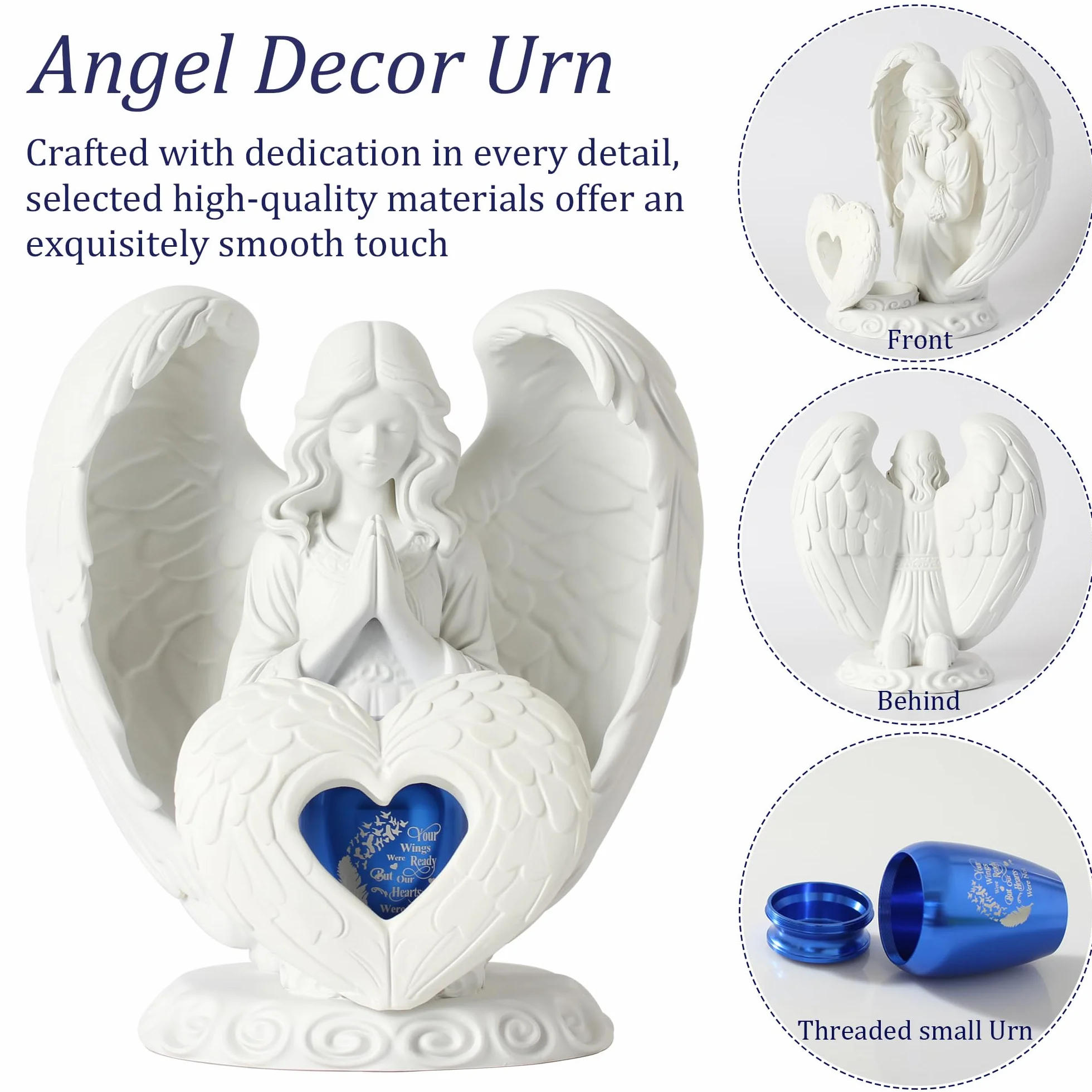 Contid - Urna per ceneri di piccole dimensioni, a forma di angelo di preghiera, mini urna per ceneri umane, mamma, papà, animale domestico, cane, gatto, in resina, con piccola urna in alluminio blu