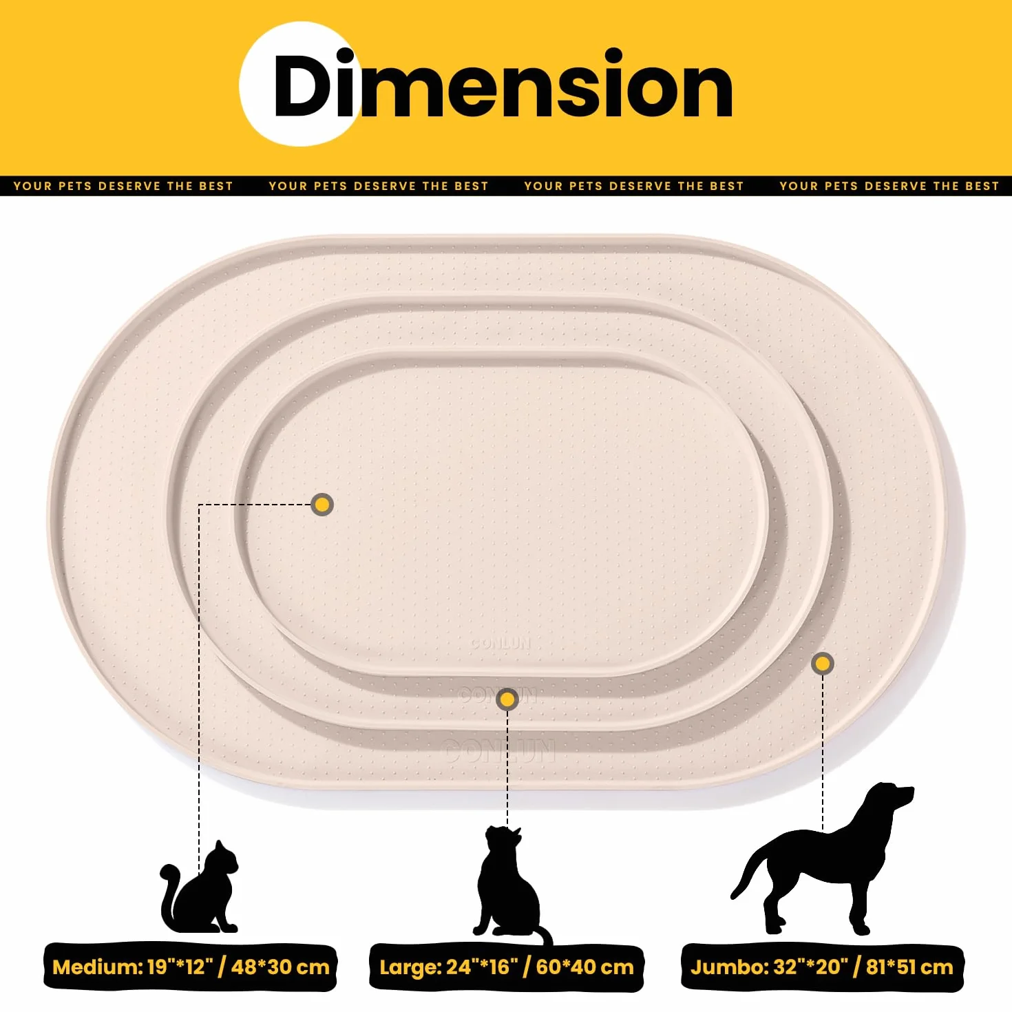 Conlun Tappetino Ciotola Cane, Tappetino Ciotole Gatto con Bordi Rialzati di 1,2 cm per Contenimento Degli Schizzi, Tappetino Silicone per Animali Senza BPA, Sottociotola per Cani(Taupe,81x51 cm)