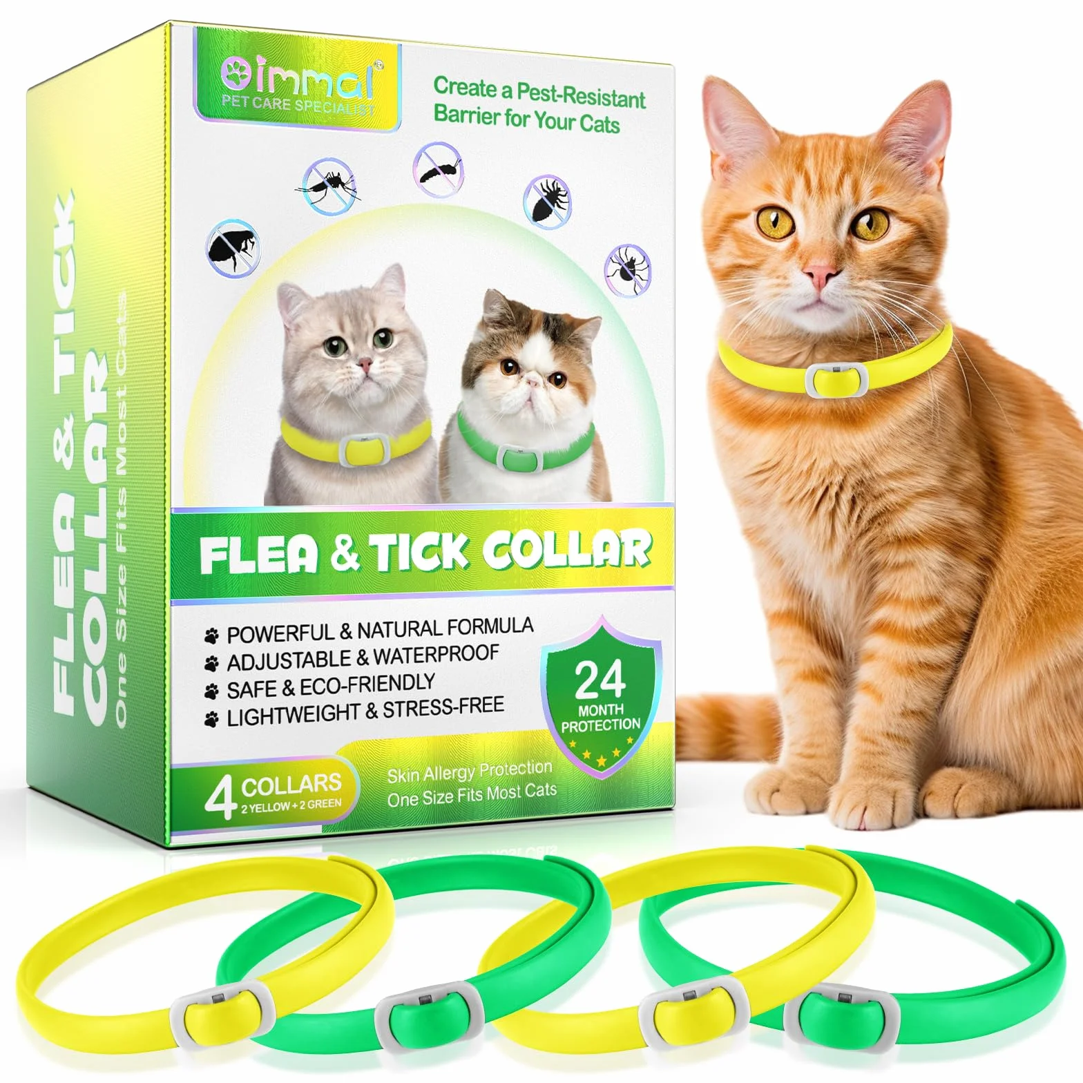 Collare Di Zecca Per Gatti, Collare Di 4Pack Per Gatti Con, Sicuro Ed Efficace Per Il Controllo Delle Pulci E Zecche, Design Impermeabile E Rimovibile, Protezione Di 24 Mesi Per Tutti I Gatti
