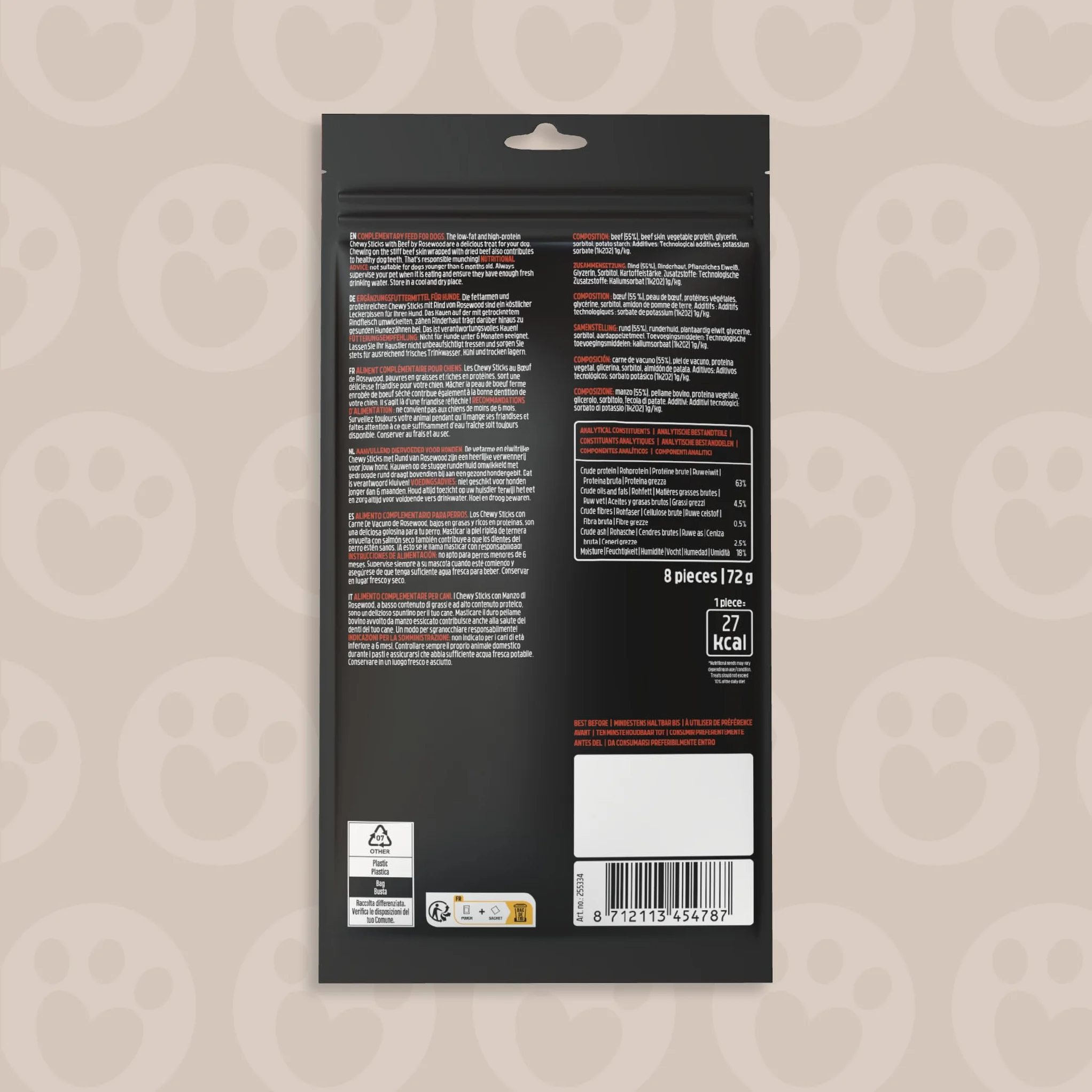 Rosewood Chewy Sticks Manzo Small - Bastoncini da masticare per cani con carne di manzo, supporta la cura dei denti, senza cereali, glutine e additivi artificiali, confezione da 6 (6x72 g)