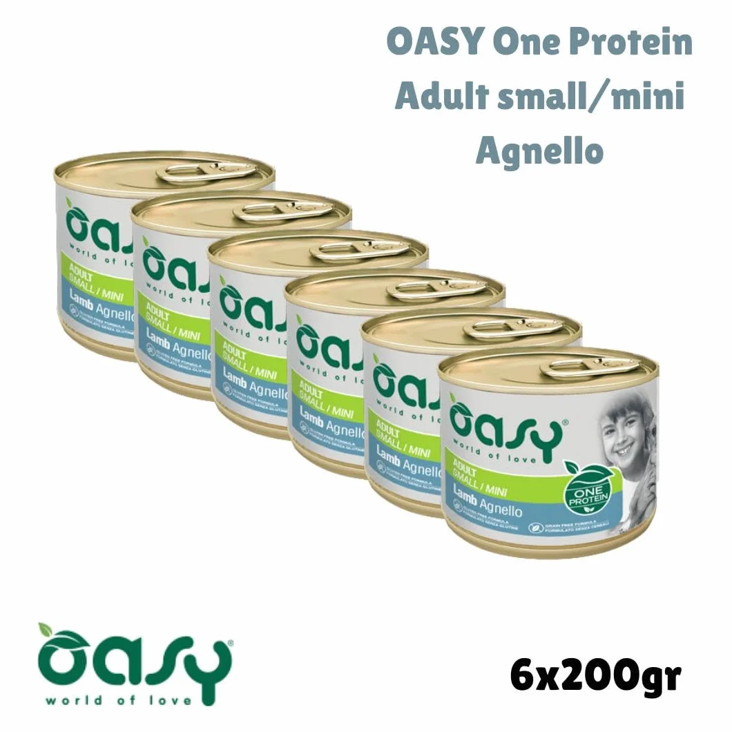 Oasy umido cane adulto monoproteico, alimento completo per cani adulti di taglia piccola (small) gusto AGNELLO | 6 scatolette da 200 grammi l’una.