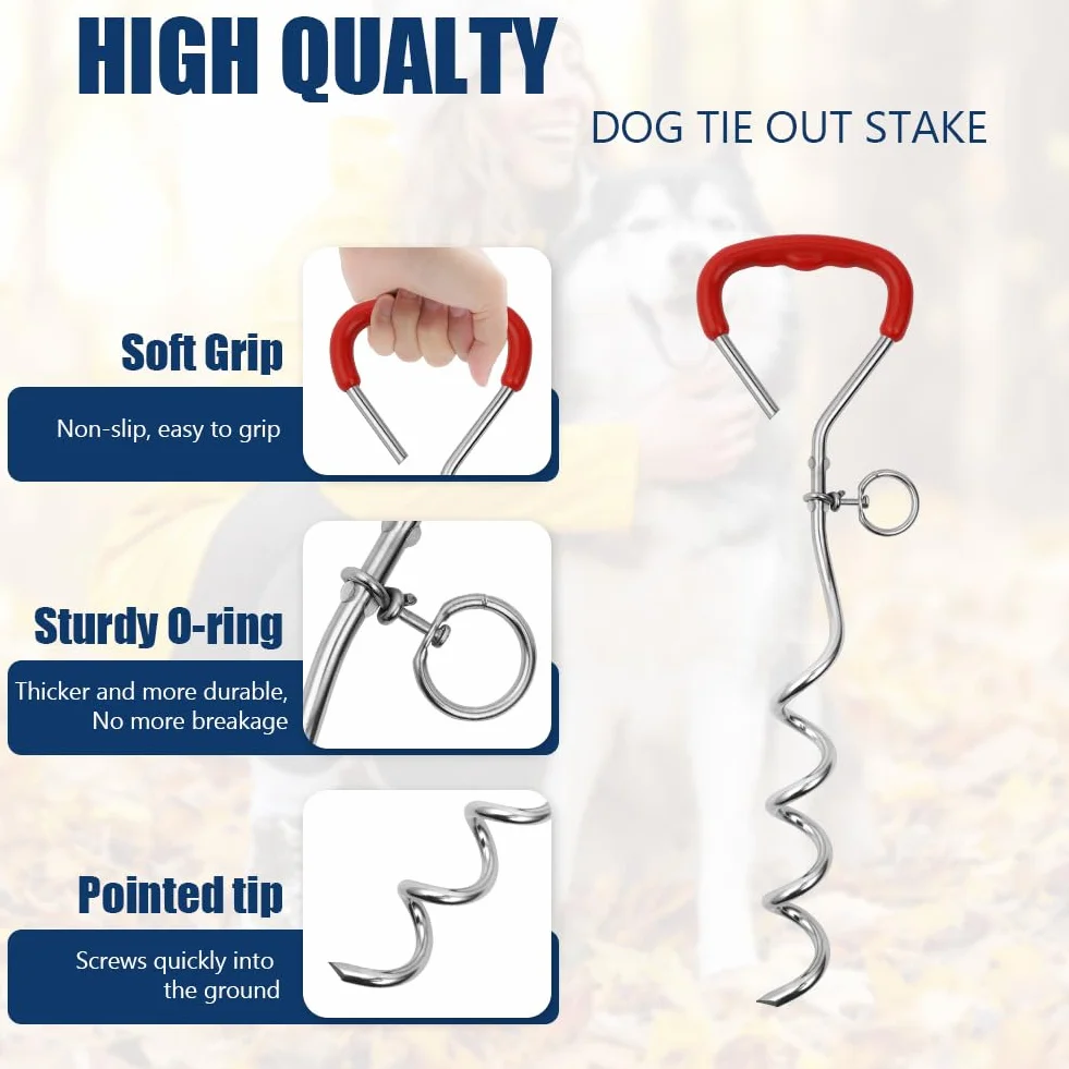 Aomig Cavo Resistente per Cani, Kit Guinzaglio per Cani 3M e Picchetto per Cani in Acciaio Inossidabile, Spirale in Metallo a Forma di Cane Tether Dog Accessori da Campeggio, Cortili, Parchi